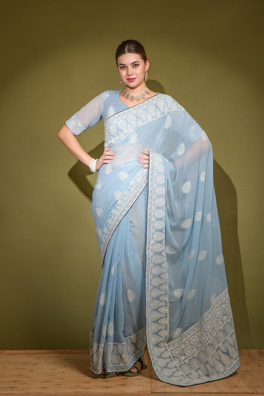 Jyoti Fashion Women's Sky Blue Lakhnavi Thread work Georgette Saree with Blouse