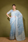 Jyoti Fashion Women's Sky Blue Lakhnavi Thread work Georgette Saree with Blouse