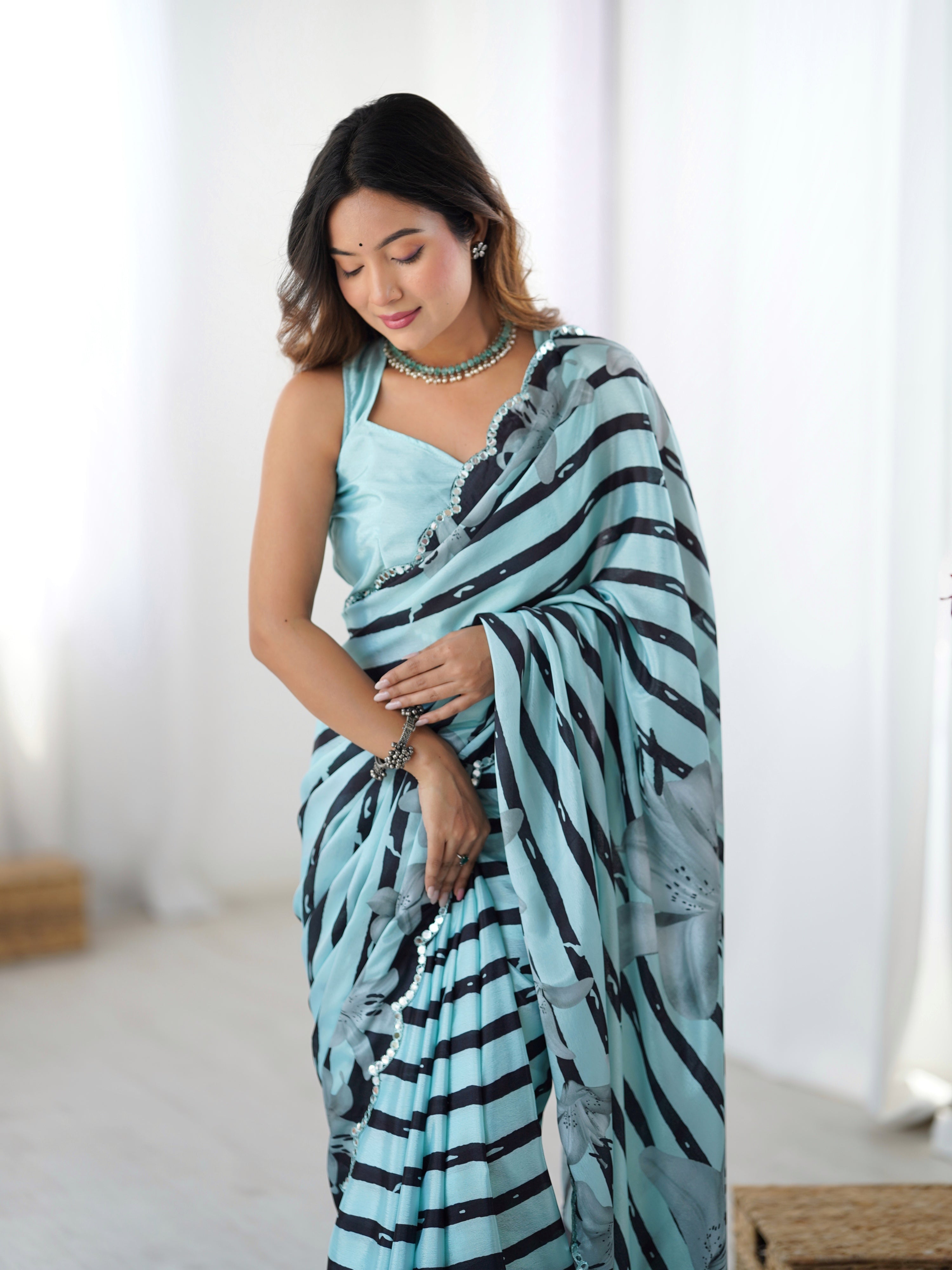 Jyoti Fashion Women's Sea Green Chinon Digital Printed Designer Saree with Blouse
