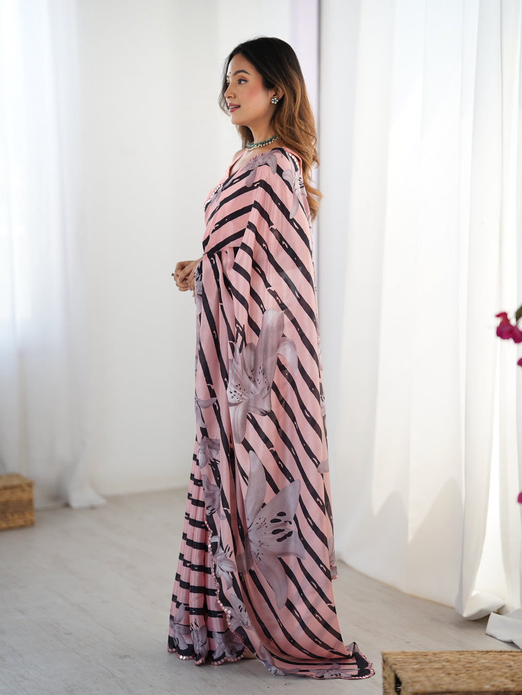 Jyoti Fashion Women's Baby Pink Chinon Digital Printed Designer Saree with Blouse
