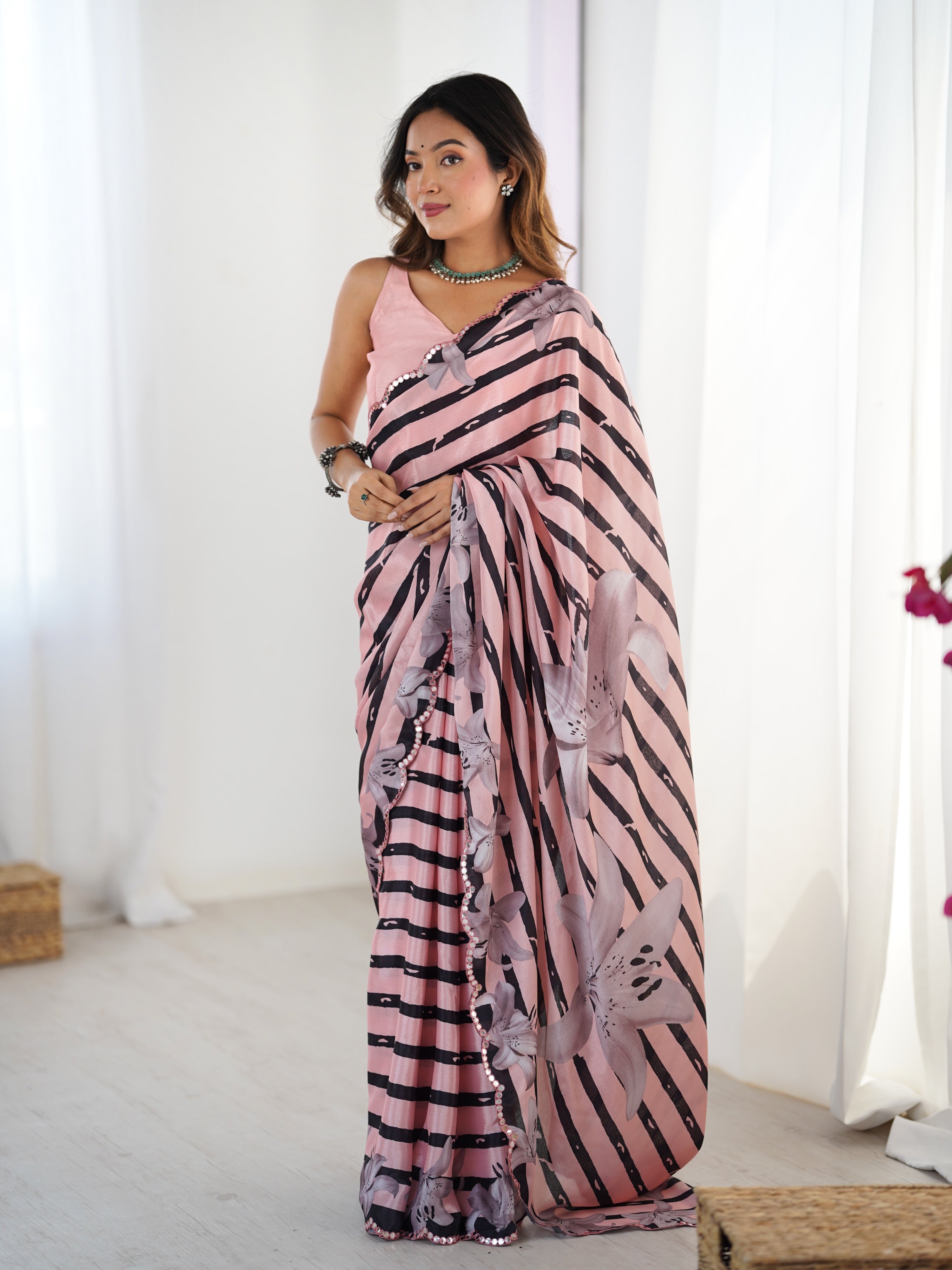 Jyoti Fashion Women's Baby Pink Chinon Digital Printed Designer Saree with Blouse