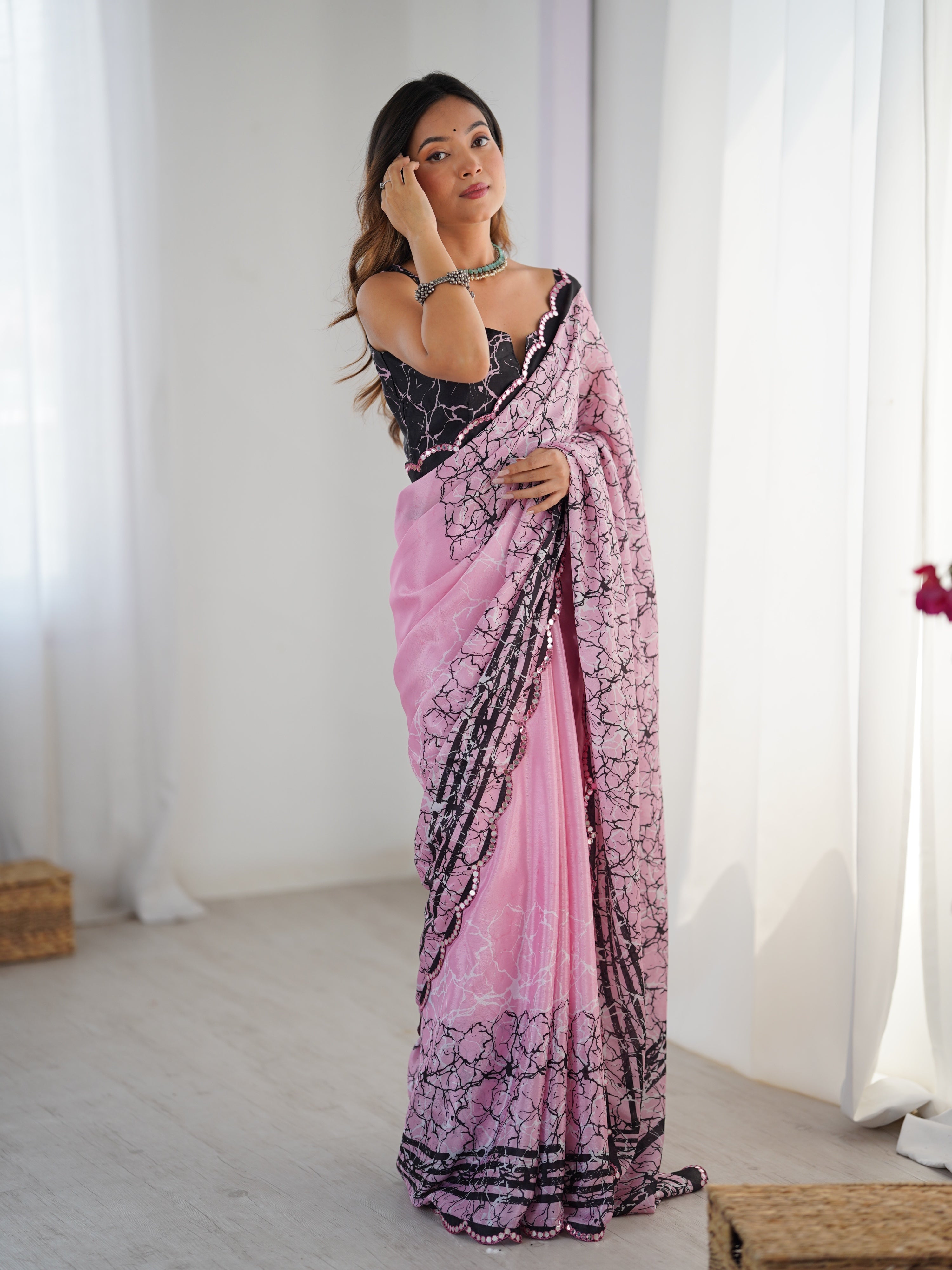 Jyoti Fashion Women's Pink Chinon Digital Printed Designer Saree with Blouse