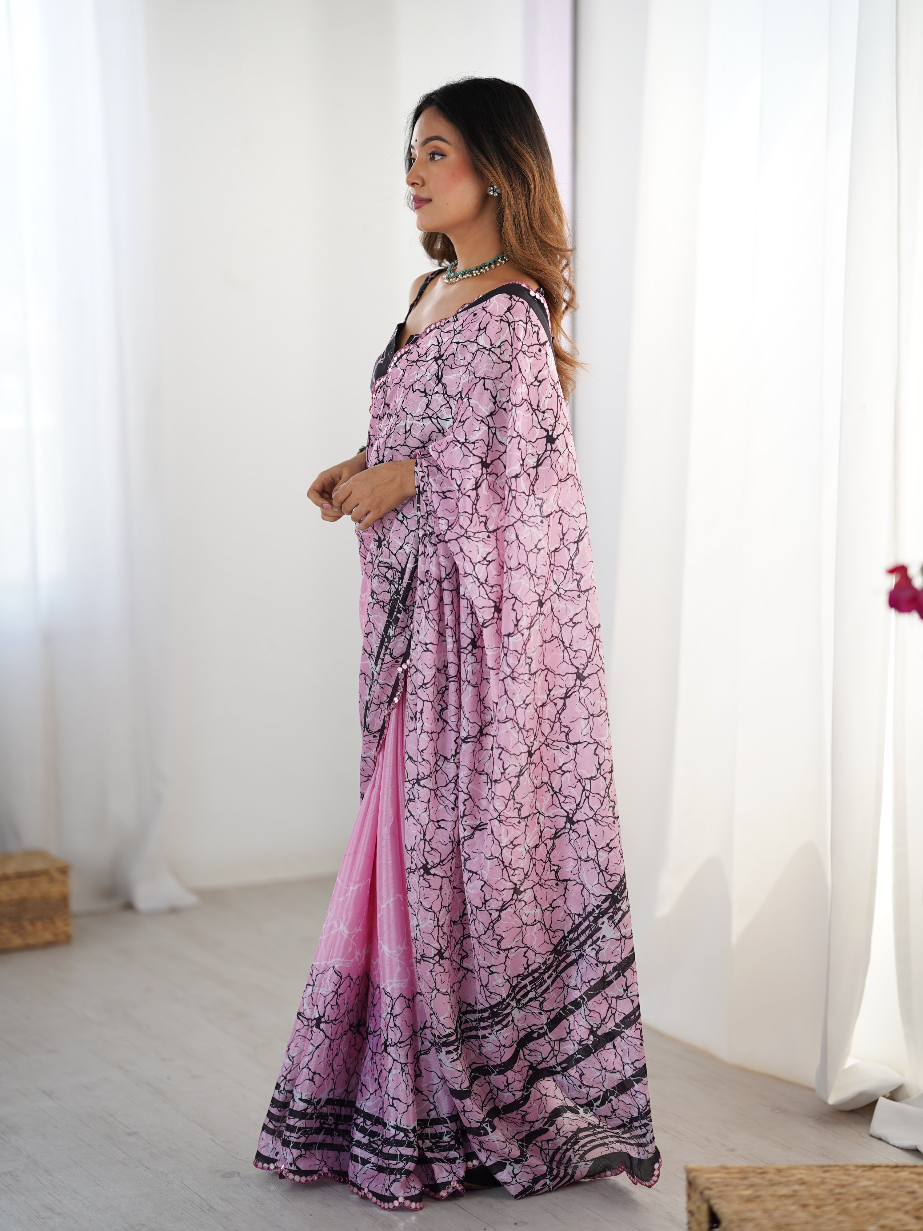 Jyoti Fashion Women's Pink Chinon Digital Printed Designer Saree with Blouse