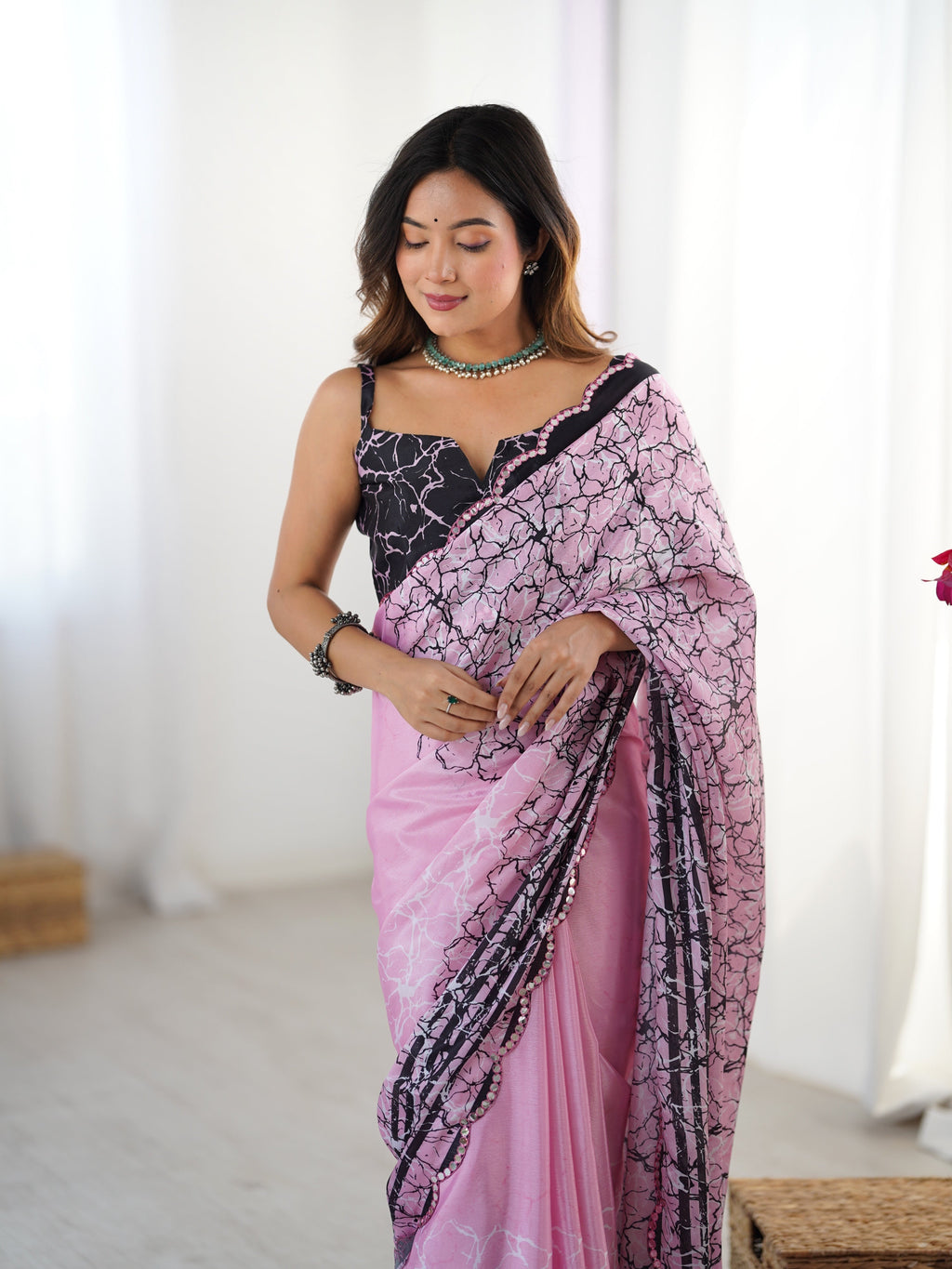 Jyoti Fashion Women's Pink Chinon Digital Printed Designer Saree with Blouse