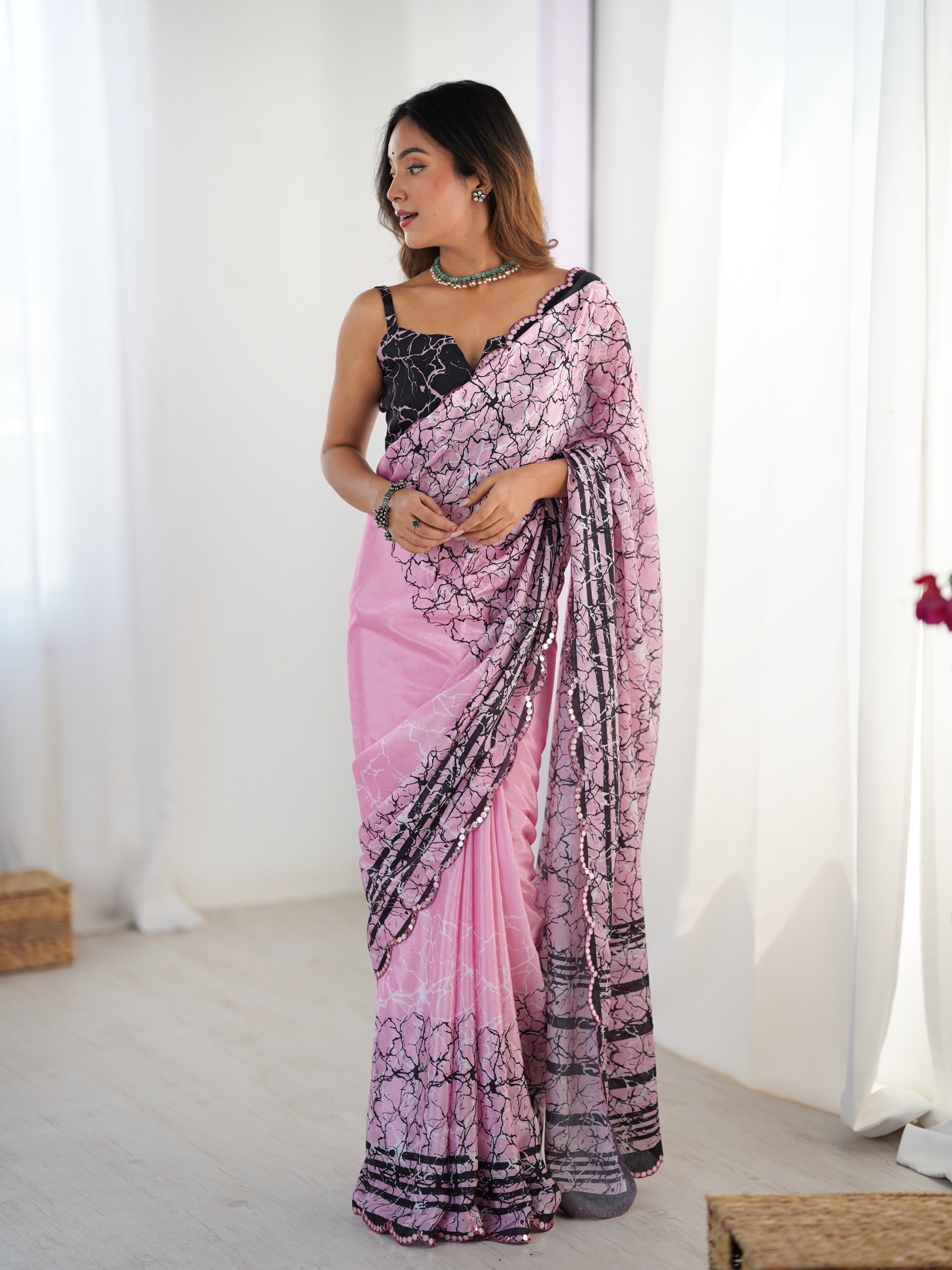 Jyoti Fashion Women's Pink Chinon Digital Printed Designer Saree with Blouse