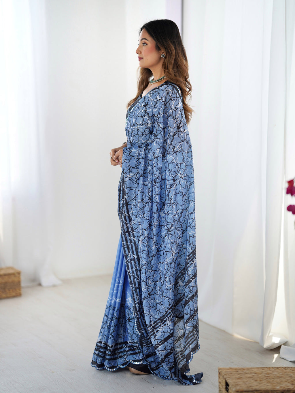 Jyoti Fashion Women's Blue Chinon Digital Printed Designer Saree with Blouse