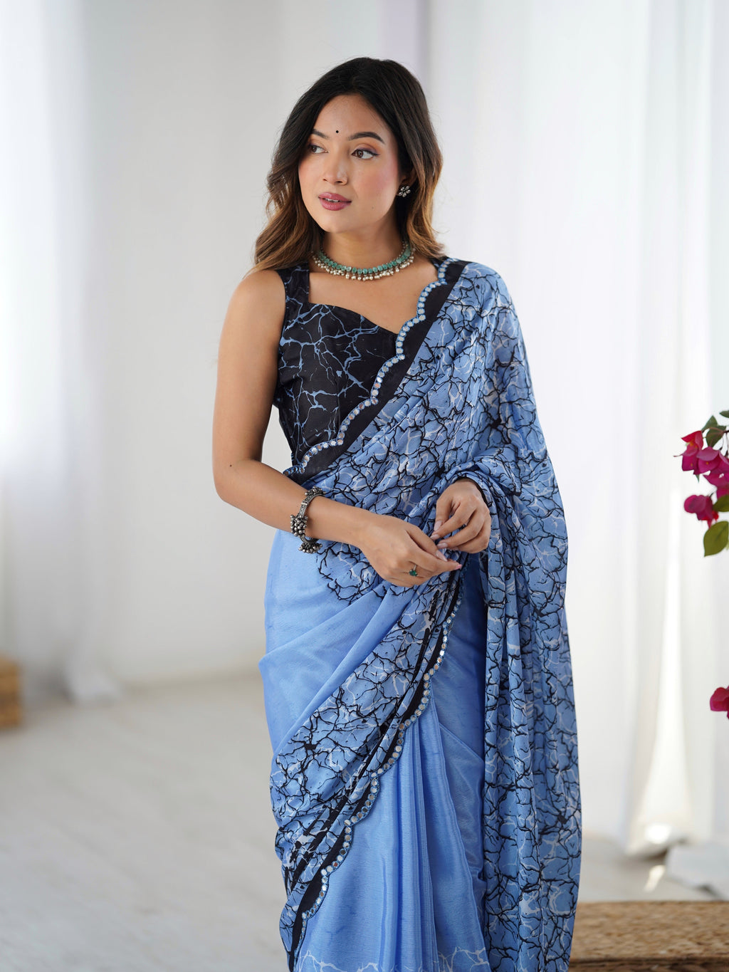 Jyoti Fashion Women's Blue Chinon Digital Printed Designer Saree with Blouse