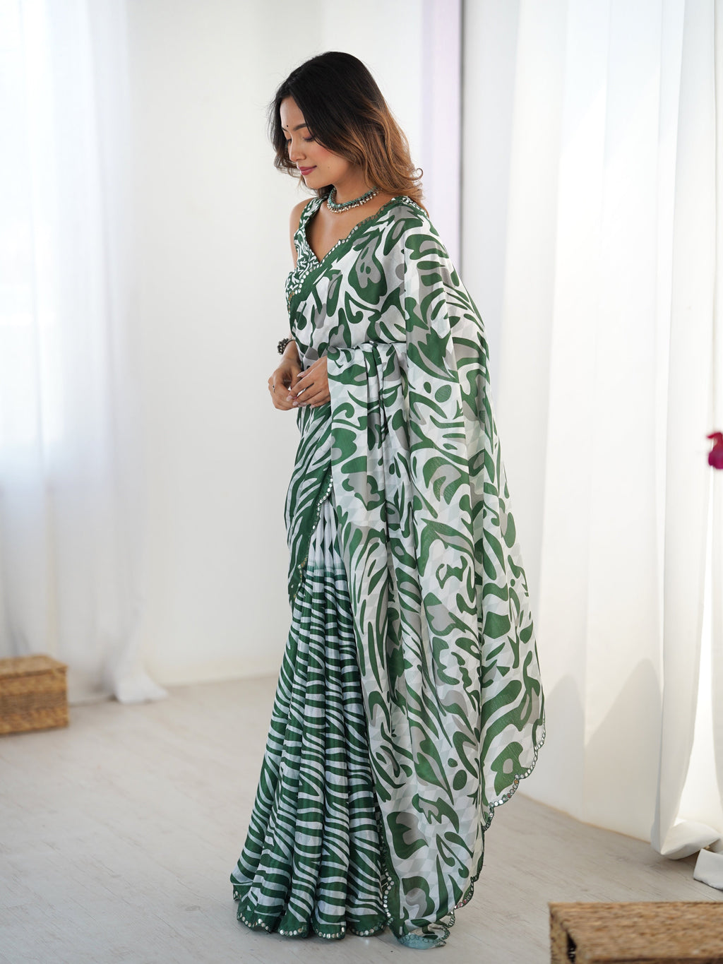Jyoti Fashion Women's Green Chinon Digital Printed Designer Saree with Blouse