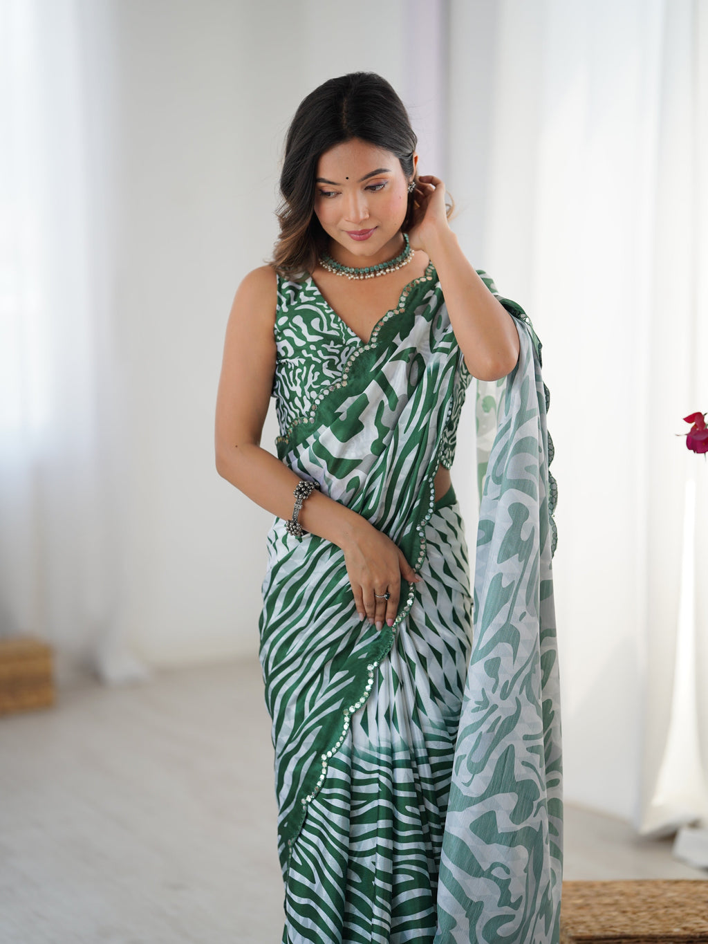 Jyoti Fashion Women's Green Chinon Digital Printed Designer Saree with Blouse