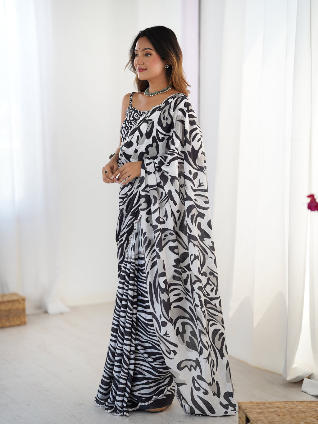 Jyoti Fashion Women's Black Chinon Digital Printed Designer Saree with Blouse