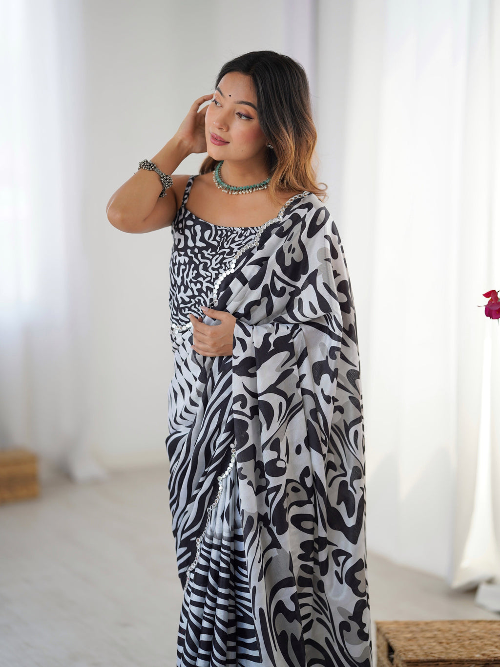 Jyoti Fashion Women's Black Chinon Digital Printed Designer Saree with Blouse
