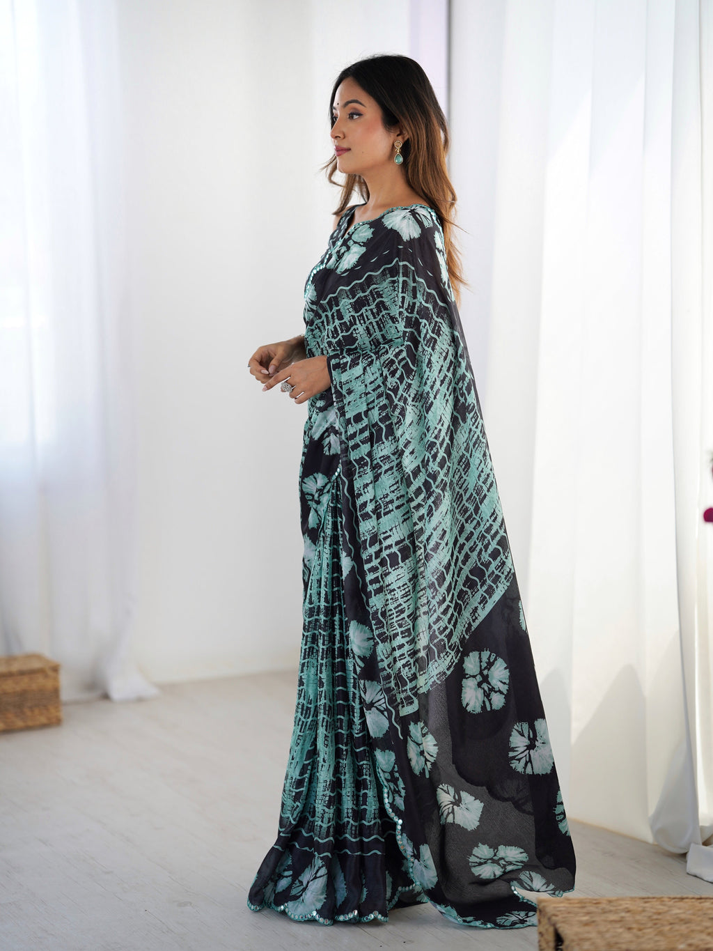 Jyoti Fashion Women's Sea Green Chinon Digital Printed Designer Saree with Blouse