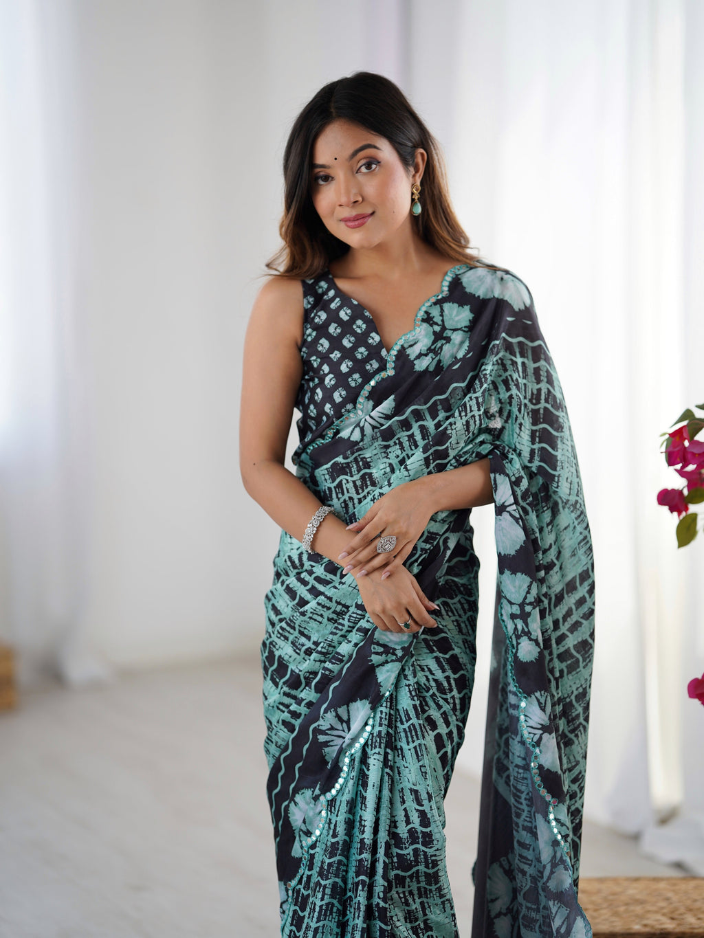 Jyoti Fashion Women's Sea Green Chinon Digital Printed Designer Saree with Blouse
