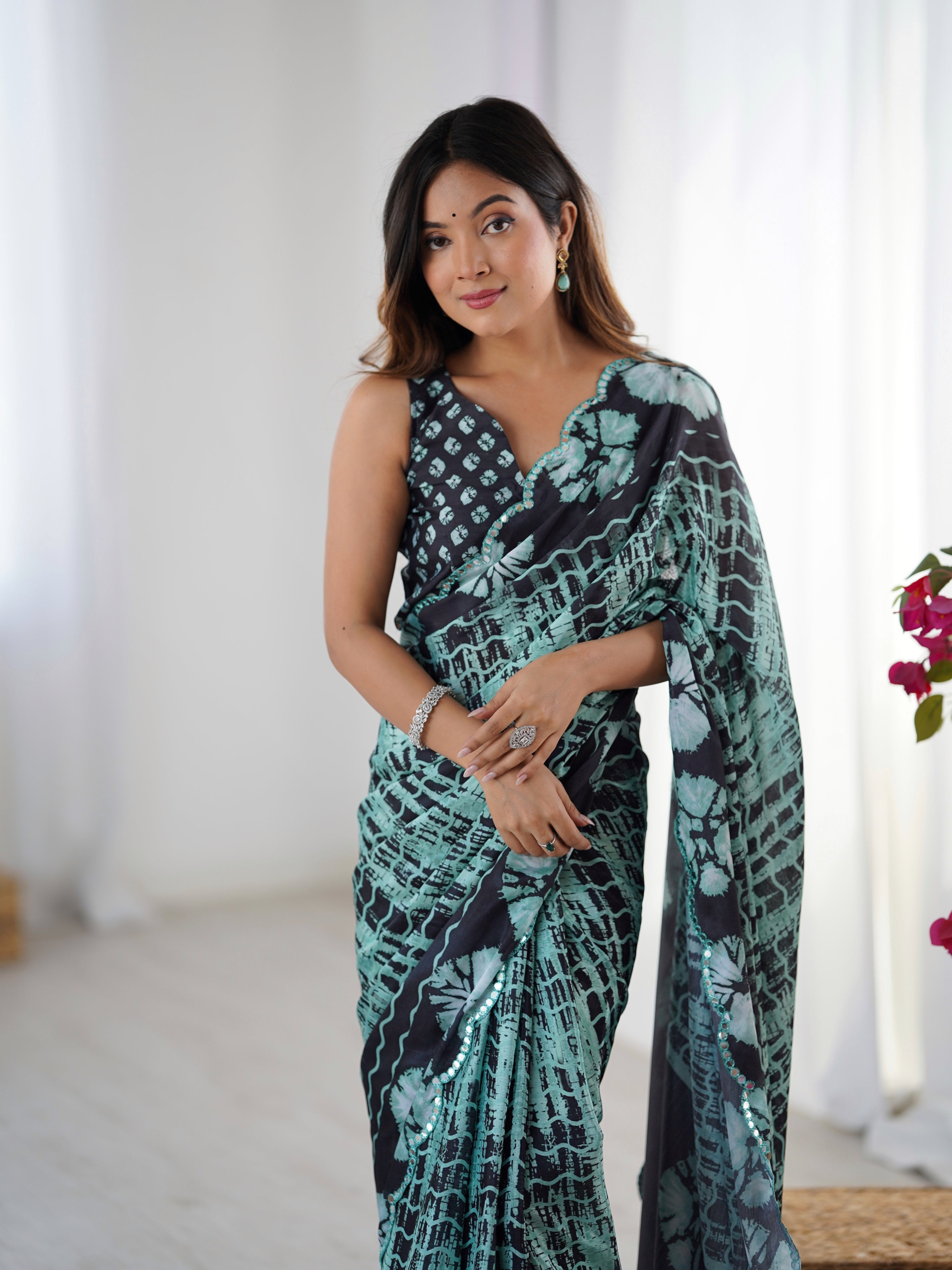 Jyoti Fashion Women's Sea Green Chinon Digital Printed Designer Saree with Blouse