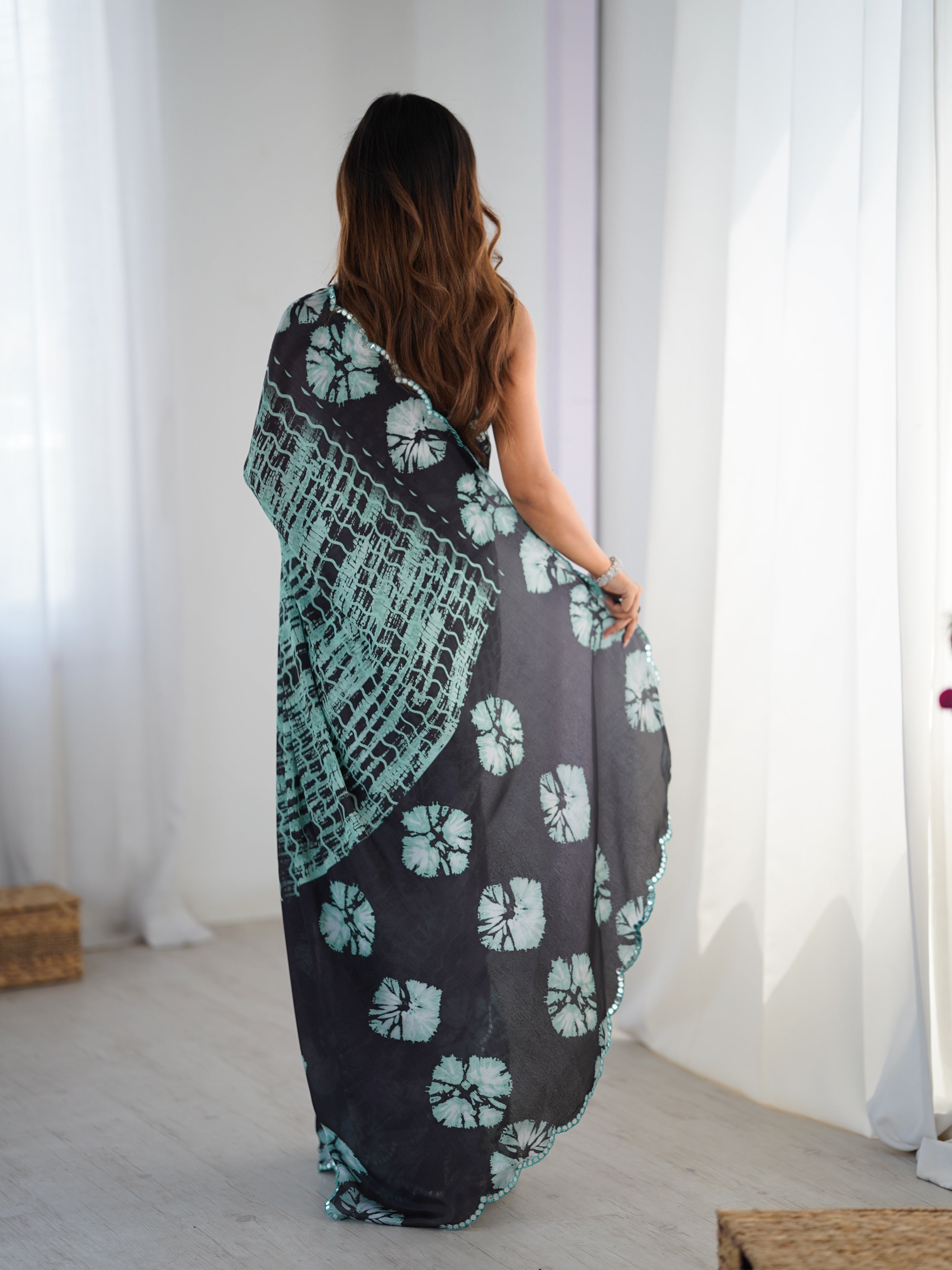 Jyoti Fashion Women's Sea Green Chinon Digital Printed Designer Saree with Blouse
