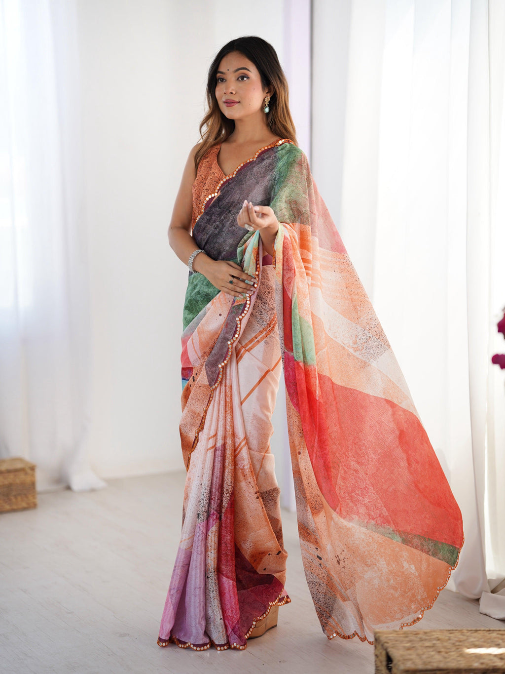 Jyoti Fashion Women's Multicolor Chinon Digital Printed Designer Saree with Blouse