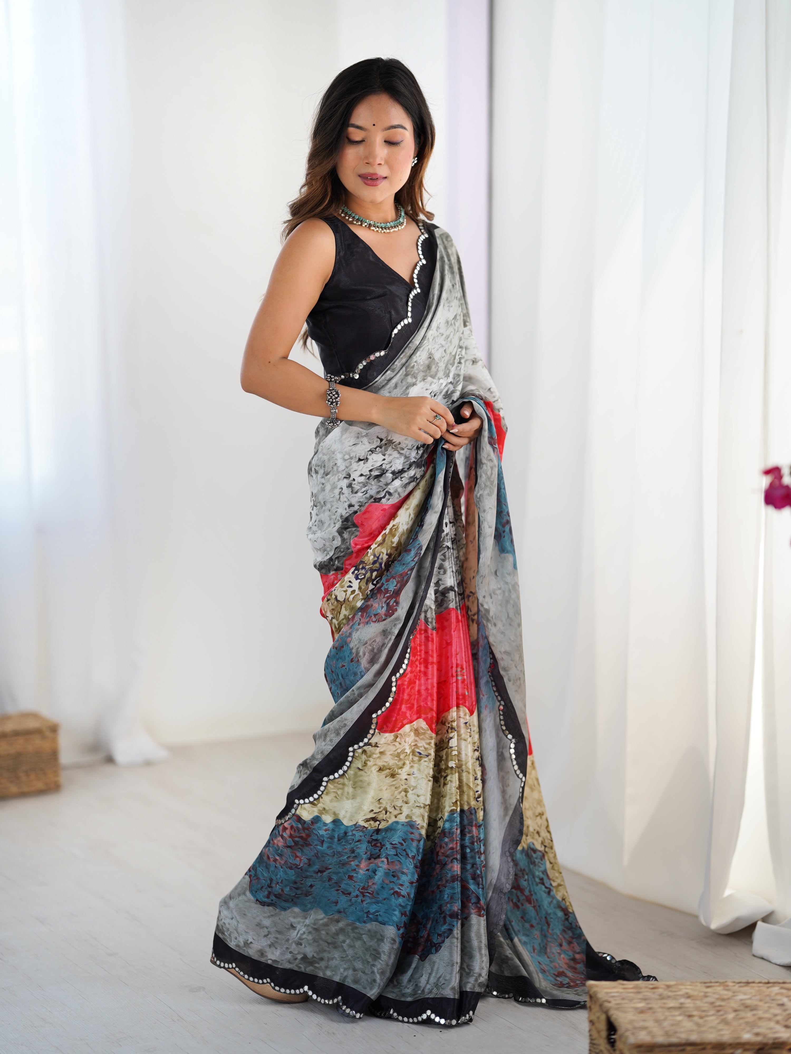 Jyoti Fashion Women's Multicolor Chinon Digital Printed Designer Saree with Blouse