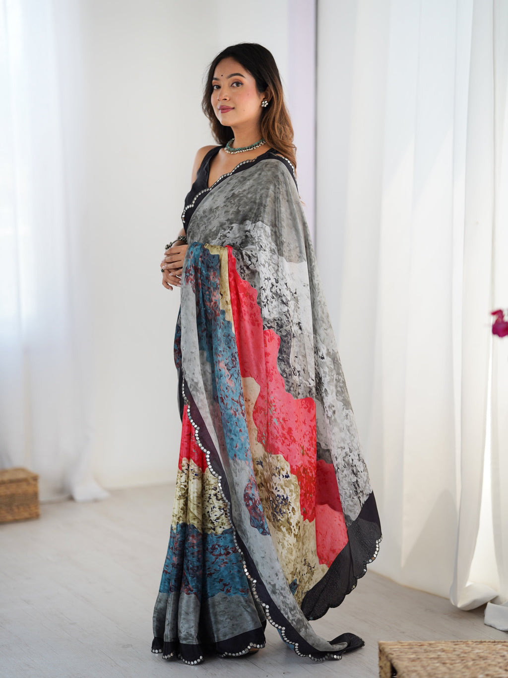 Jyoti Fashion Women's Multicolor Chinon Digital Printed Designer Saree with Blouse