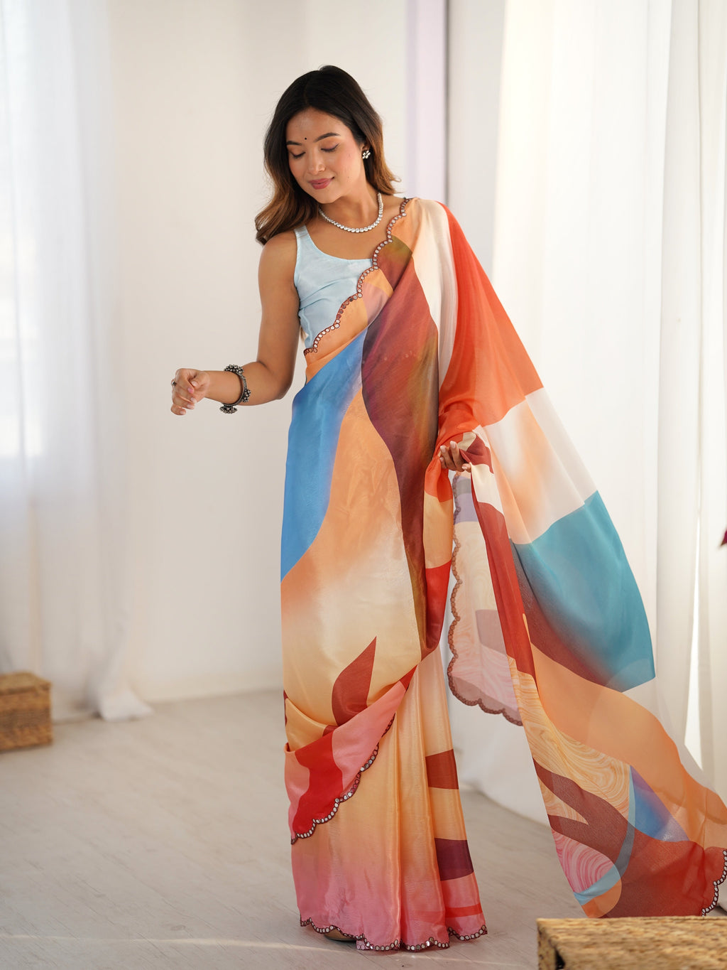 Jyoti Fashion Women's Multicolor Chinon Digital Printed Designer Saree with Blouse