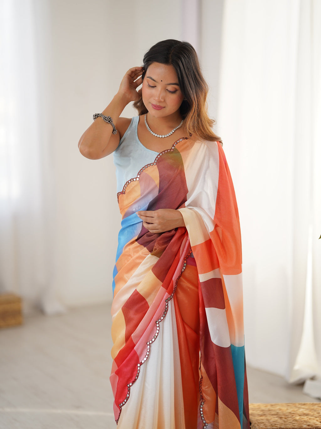 Jyoti Fashion Women's Multicolor Chinon Digital Printed Designer Saree with Blouse