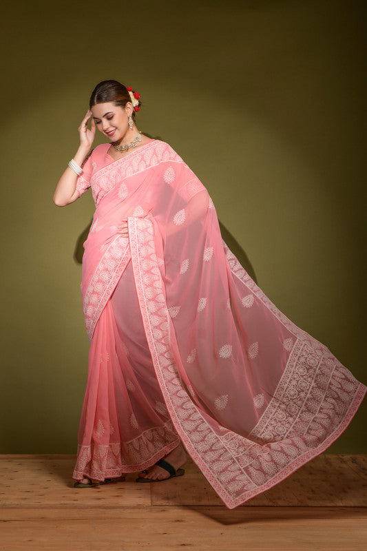 Jyoti Fashion Women's Pink Lakhnavi Thread work Georgette Saree with Blouse