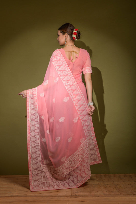 Jyoti Fashion Women's Pink Lakhnavi Thread work Georgette Saree with Blouse