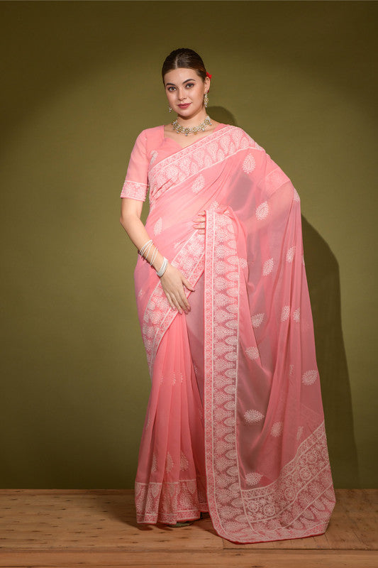 Jyoti Fashion Women's Pink Lakhnavi Thread work Georgette Saree with Blouse