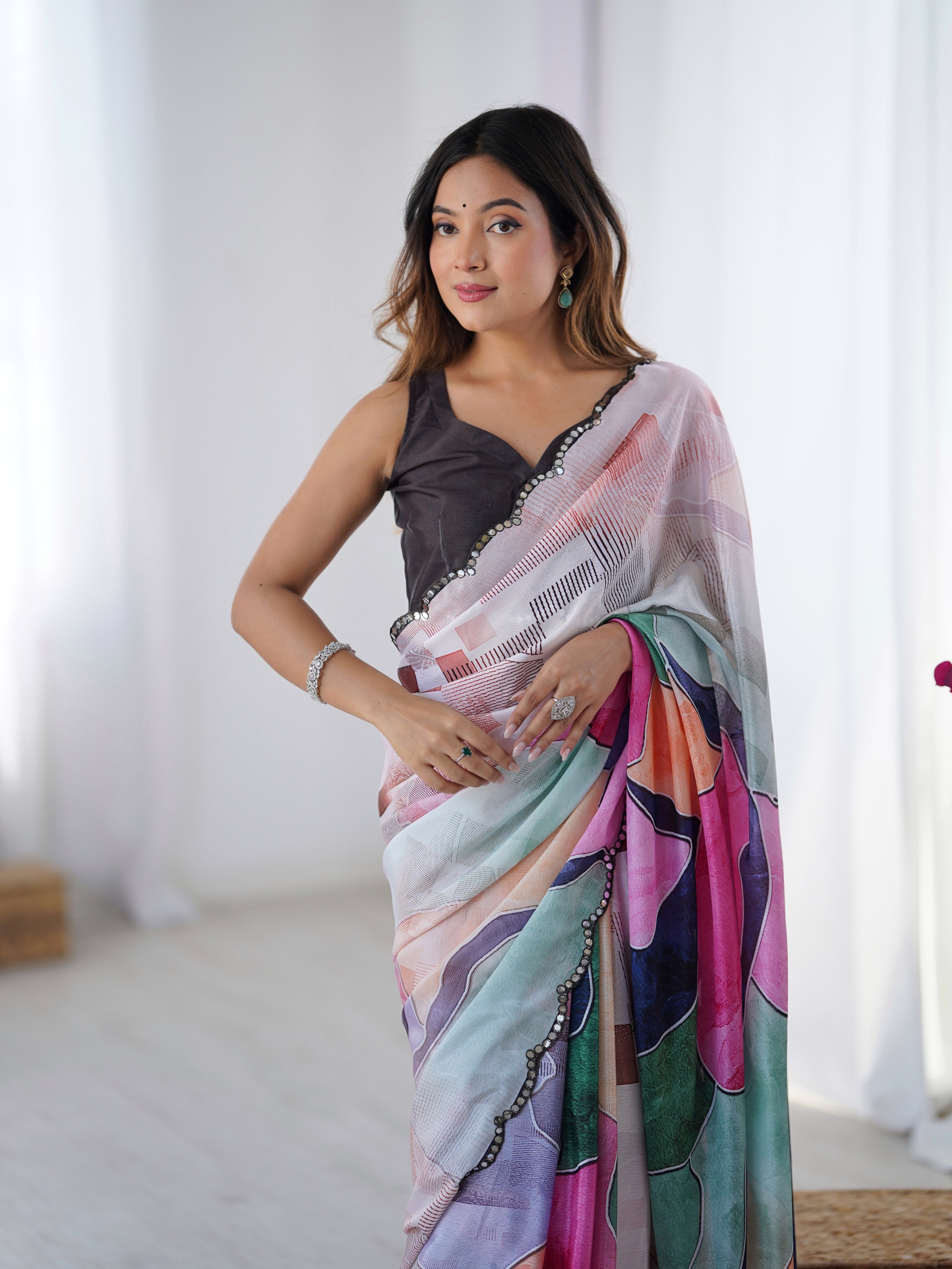 Jyoti Fashion Women's Multicolor Chinon Digital Printed Designer Saree with Blouse