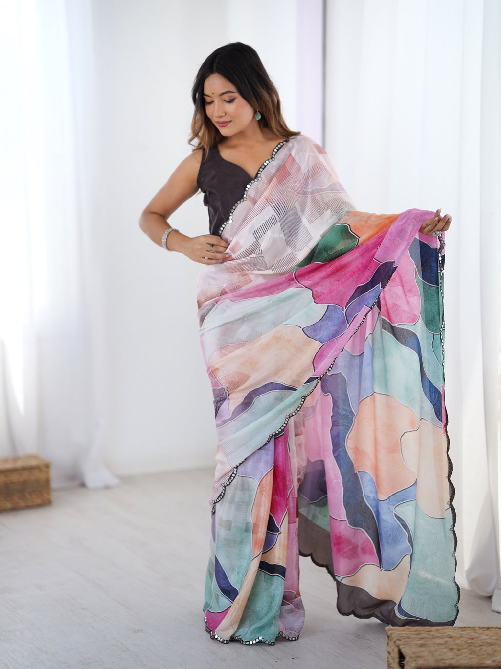 Jyoti Fashion Women's Multicolor Chinon Digital Printed Designer Saree with Blouse