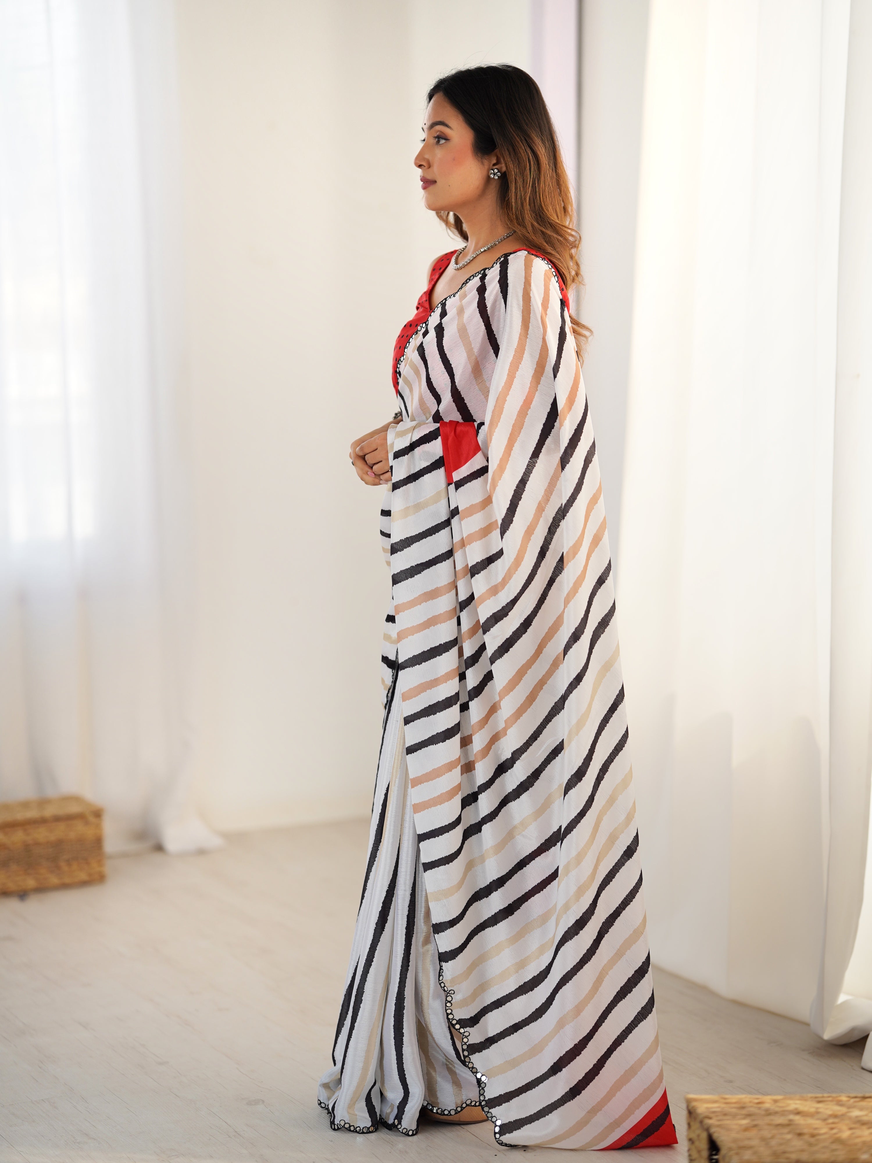 Jyoti Fashion Women's Off White Chinon Digital Printed Designer Saree with Blouse