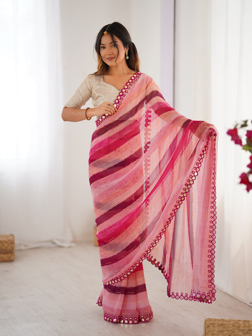 Jyoti Fashion Women's Pink Chinon Leriya Zari Printed Designer Saree with Blouse