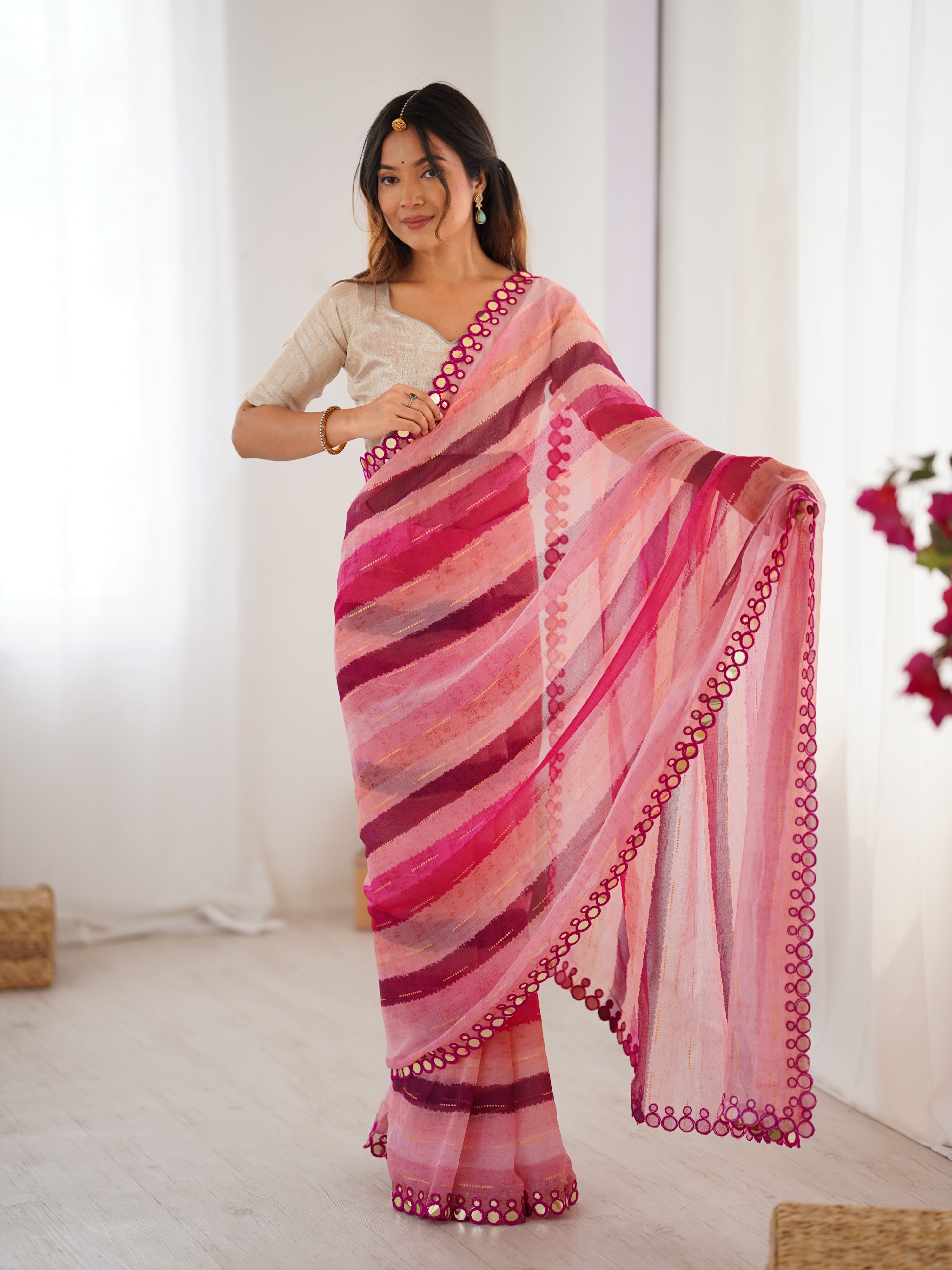 Jyoti Fashion Women's Pink Chinon Leriya Zari Printed Designer Saree with Blouse