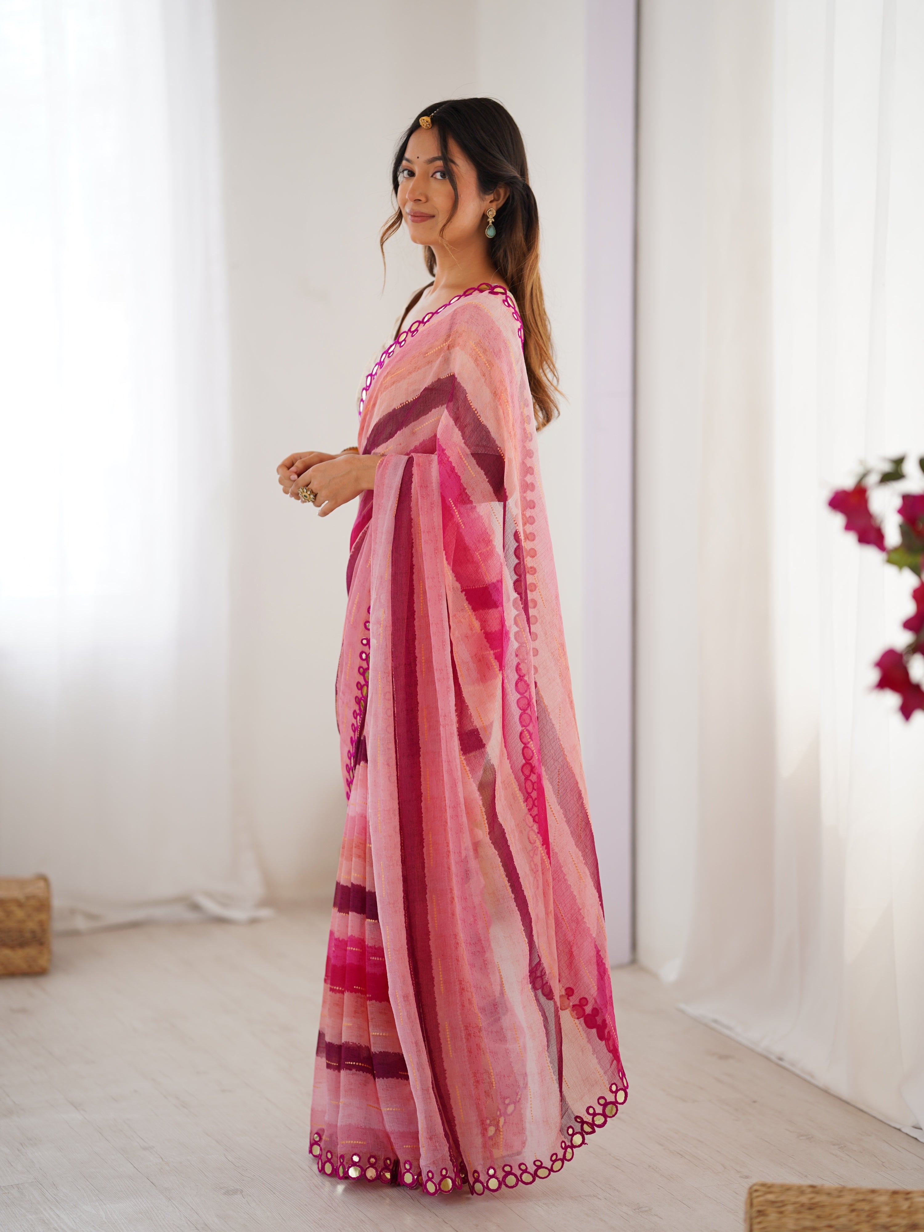 Jyoti Fashion Women's Pink Chinon Leriya Zari Printed Designer Saree with Blouse