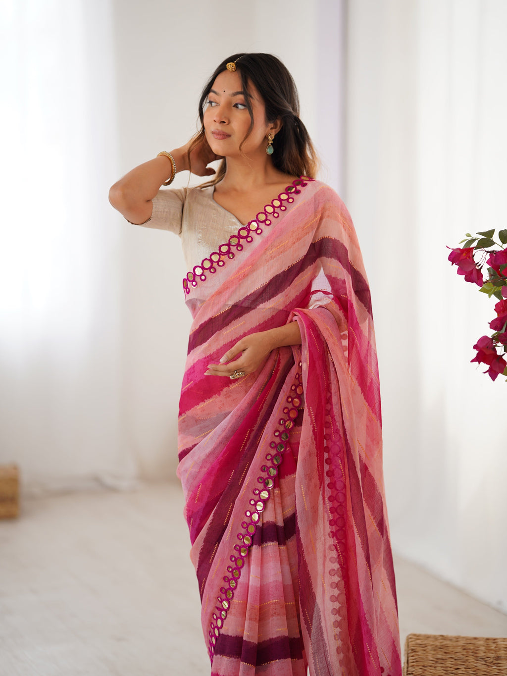 Jyoti Fashion Women's Pink Chinon Leriya Zari Printed Designer Saree with Blouse