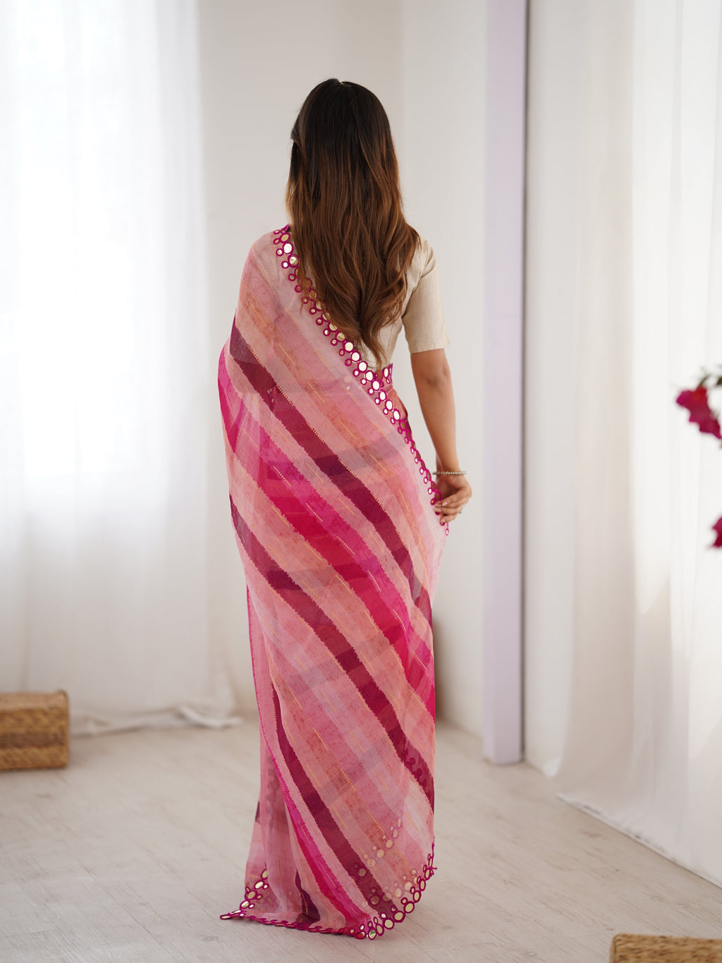 Jyoti Fashion Women's Pink Chinon Leriya Zari Printed Designer Saree with Blouse