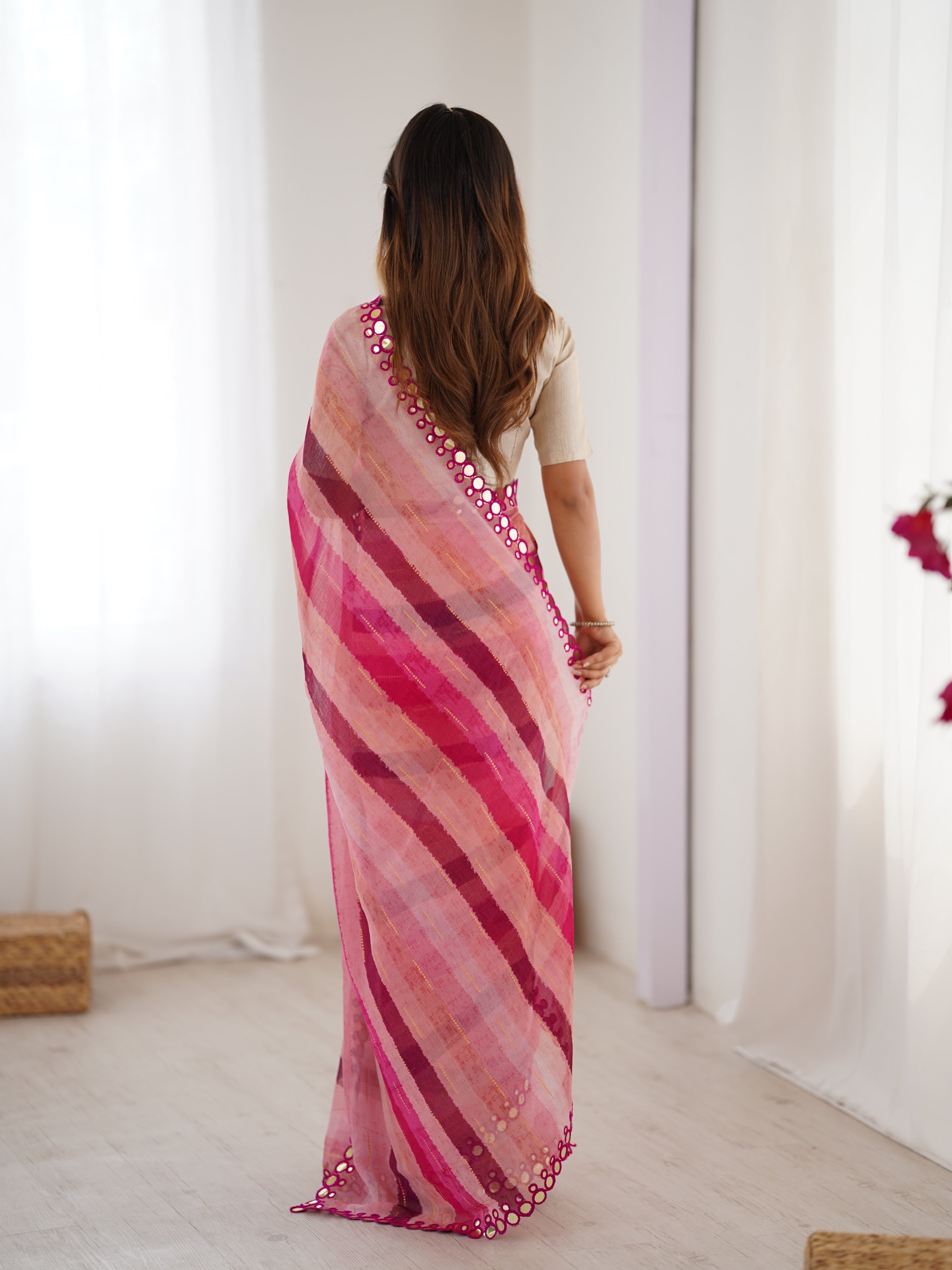 Jyoti Fashion Women's Pink Chinon Leriya Zari Printed Designer Saree with Blouse