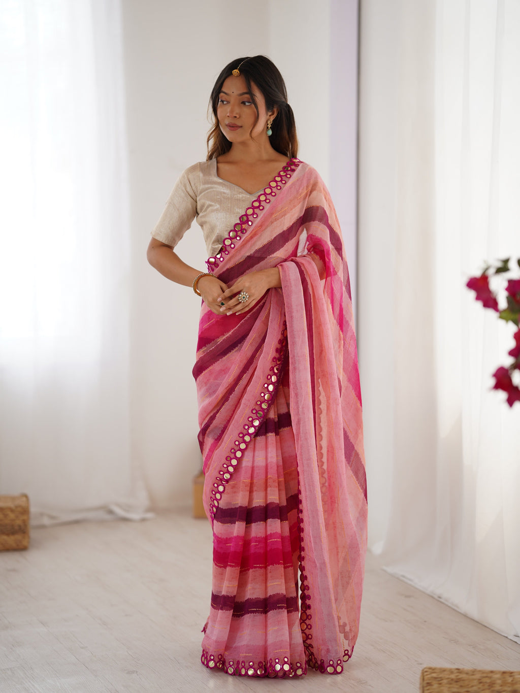 Jyoti Fashion Women's Pink Chinon Leriya Zari Printed Designer Saree with Blouse