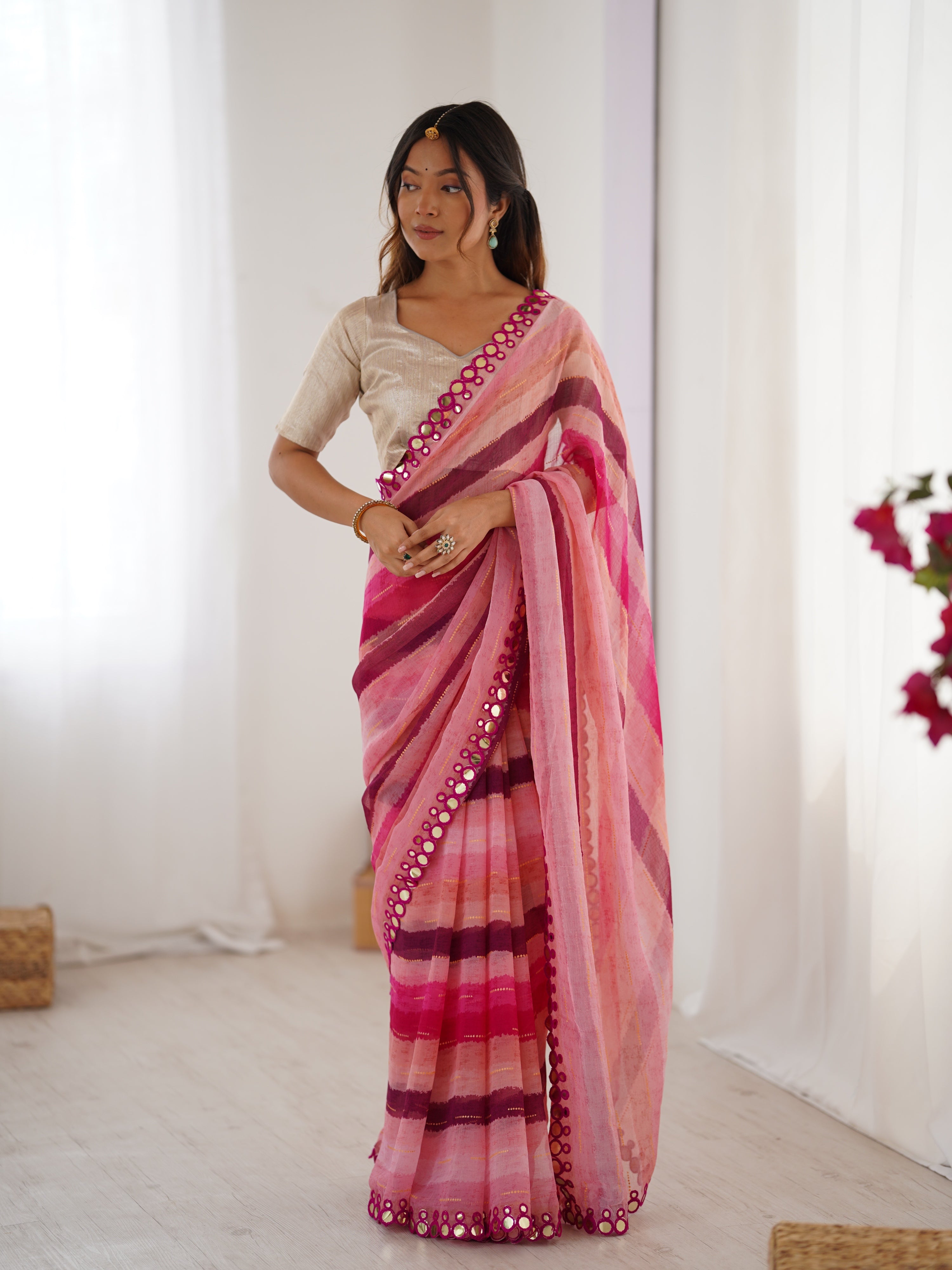 Jyoti Fashion Women's Pink Chinon Leriya Zari Printed Designer Saree with Blouse