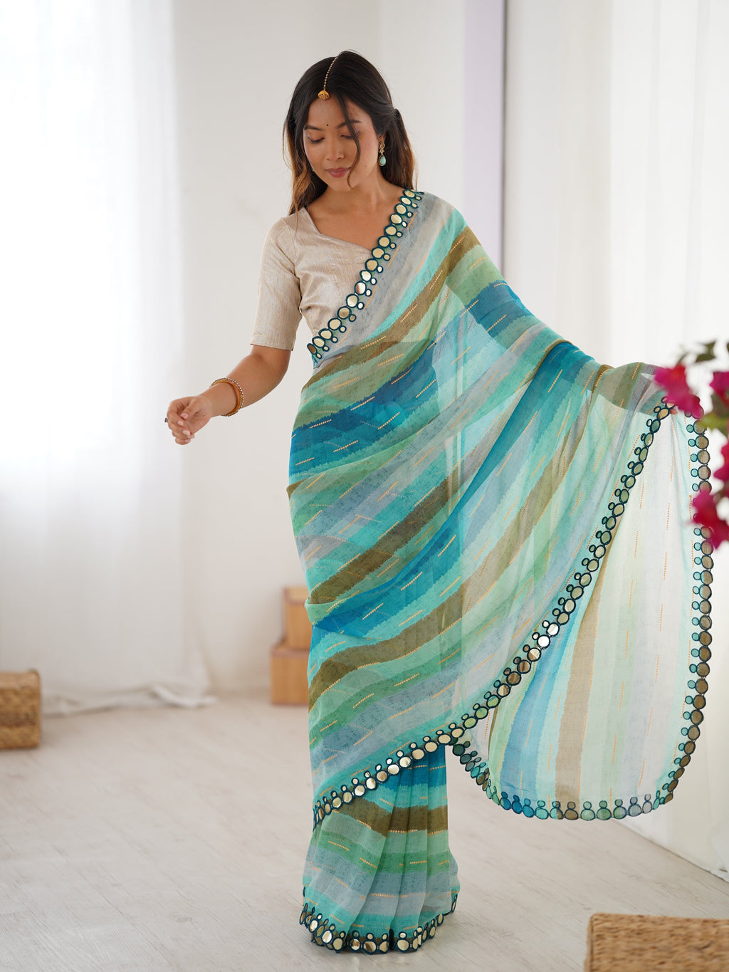 Jyoti Fashion Women's Sky Blue Chinon Leriya Zari Printed Designer Saree with Blouse