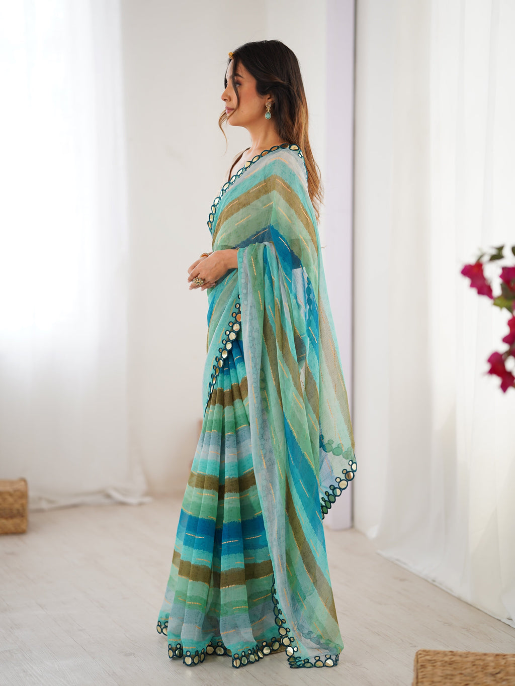 Jyoti Fashion Women's Sky Blue Chinon Leriya Zari Printed Designer Saree with Blouse
