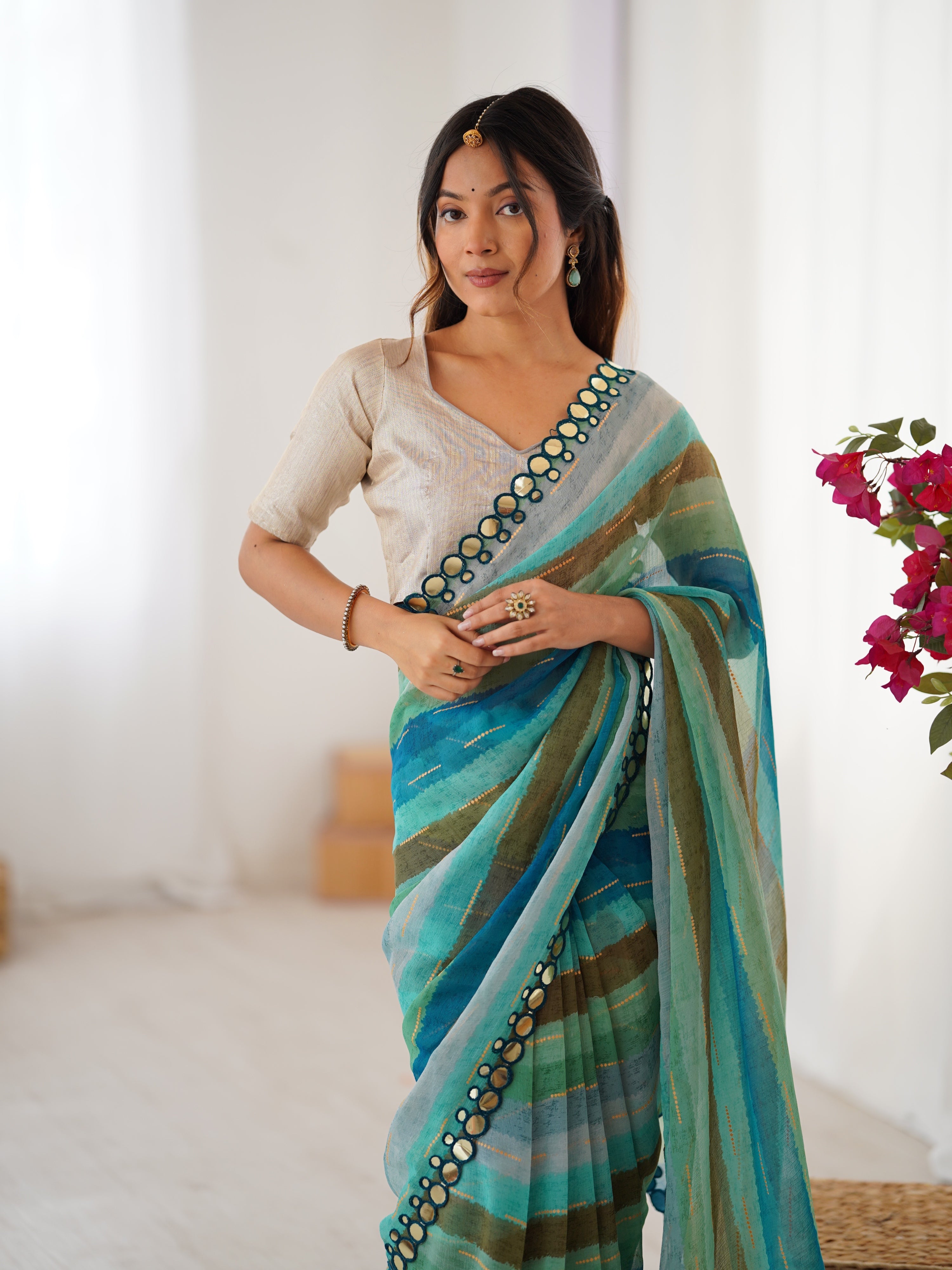 Jyoti Fashion Women's Sky Blue Chinon Leriya Zari Printed Designer Saree with Blouse