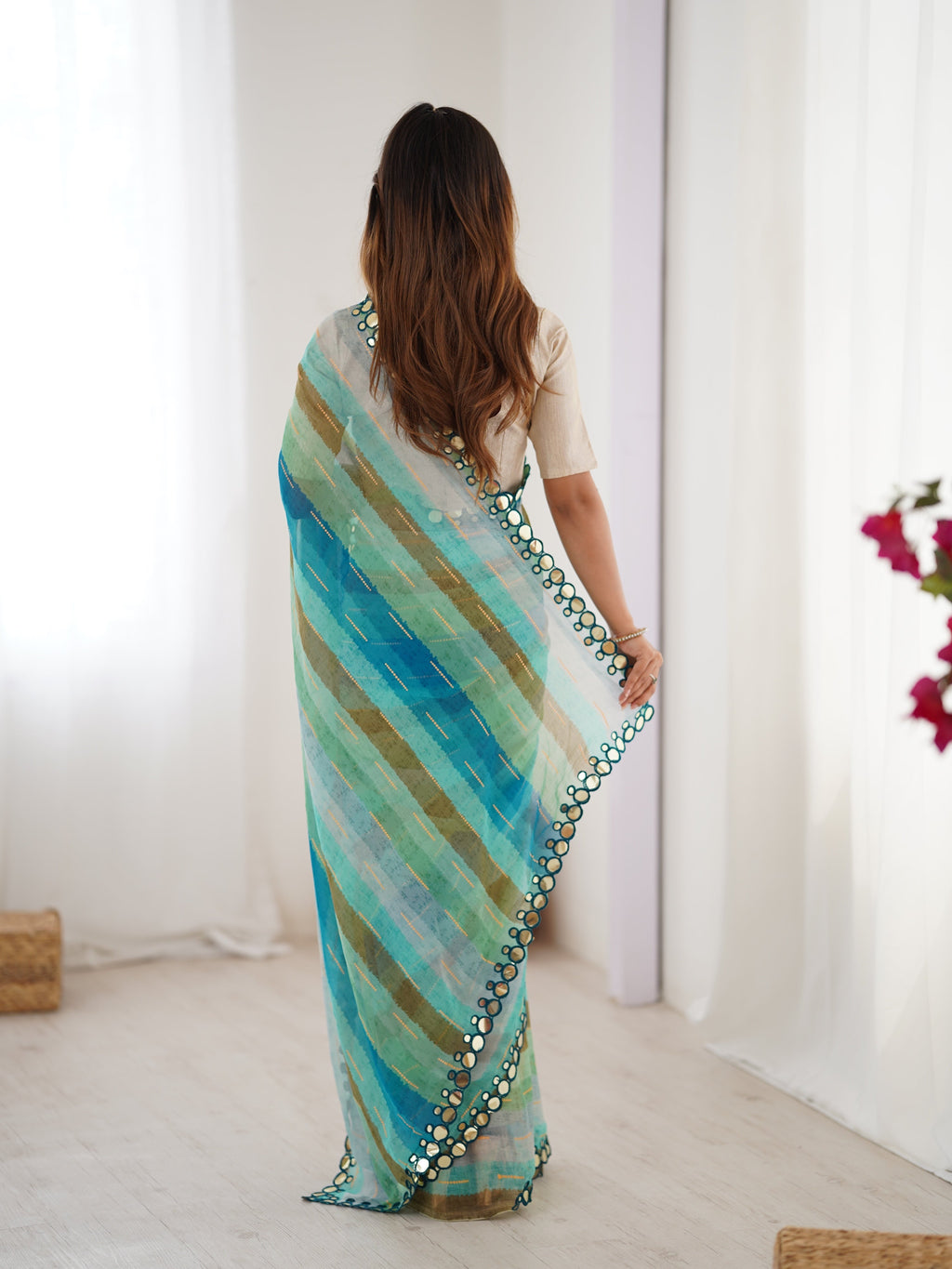 Jyoti Fashion Women's Sky Blue Chinon Leriya Zari Printed Designer Saree with Blouse