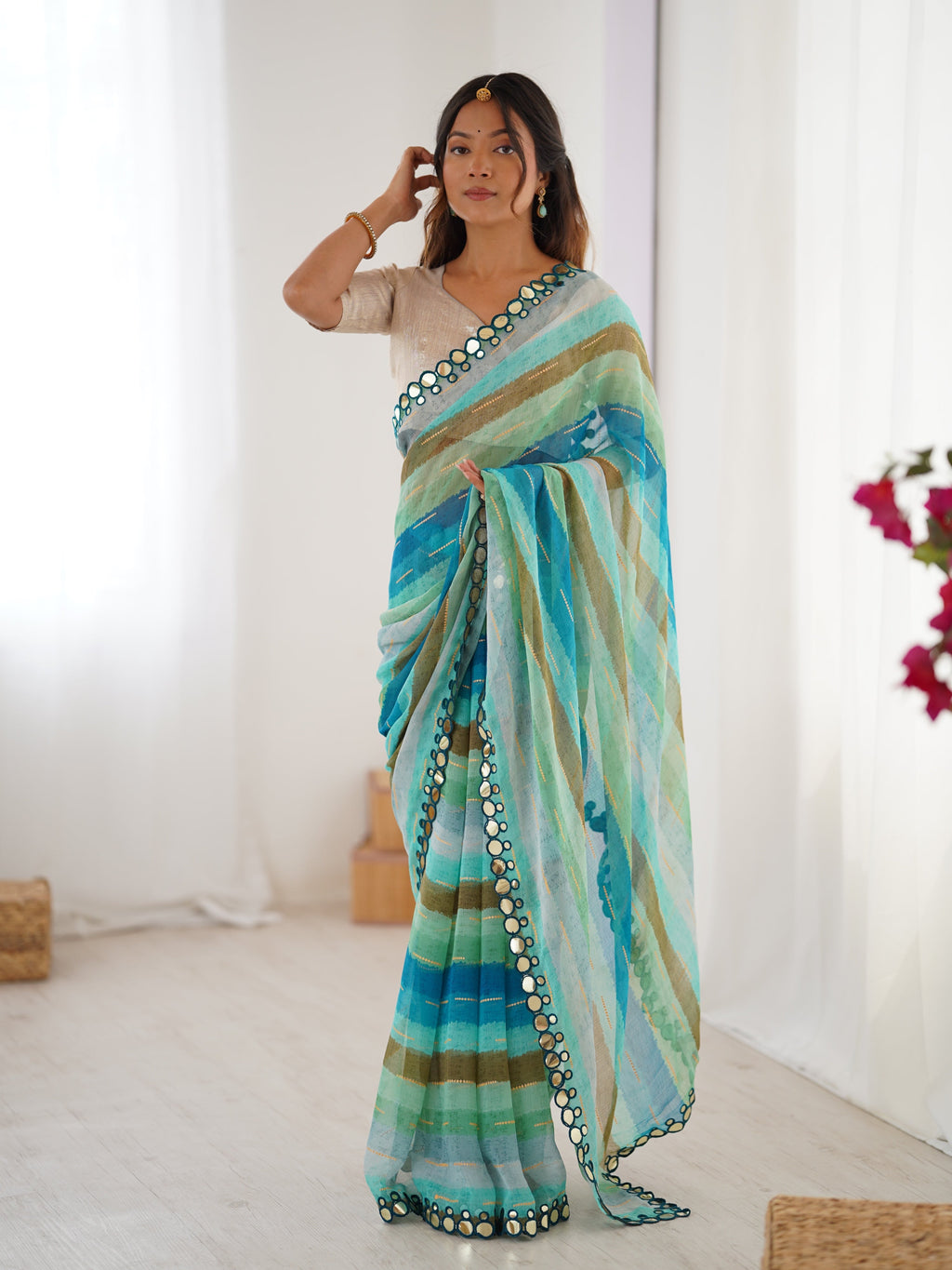 Jyoti Fashion Women's Sky Blue Chinon Leriya Zari Printed Designer Saree with Blouse