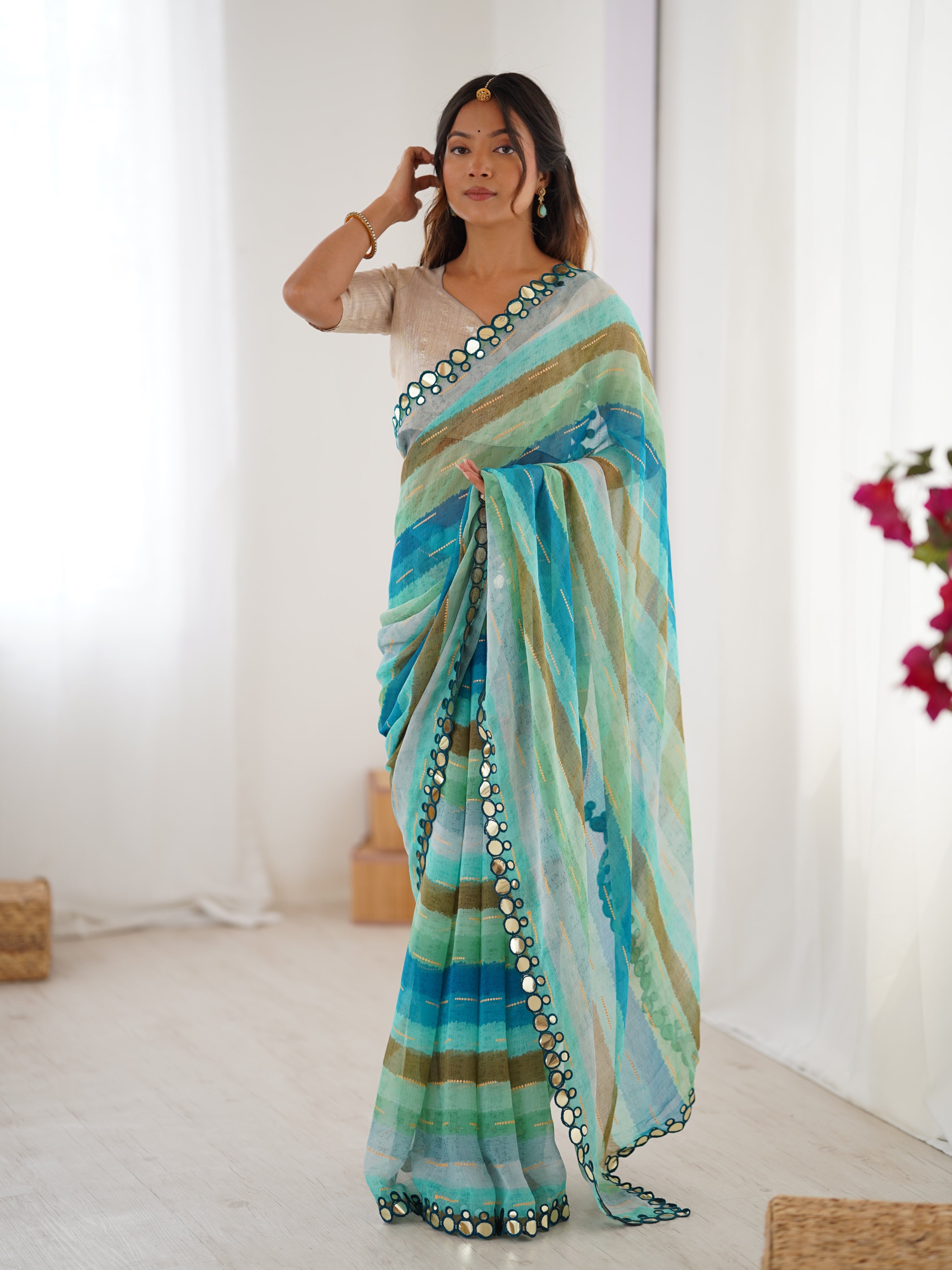 Jyoti Fashion Women's Sky Blue Chinon Leriya Zari Printed Designer Saree with Blouse