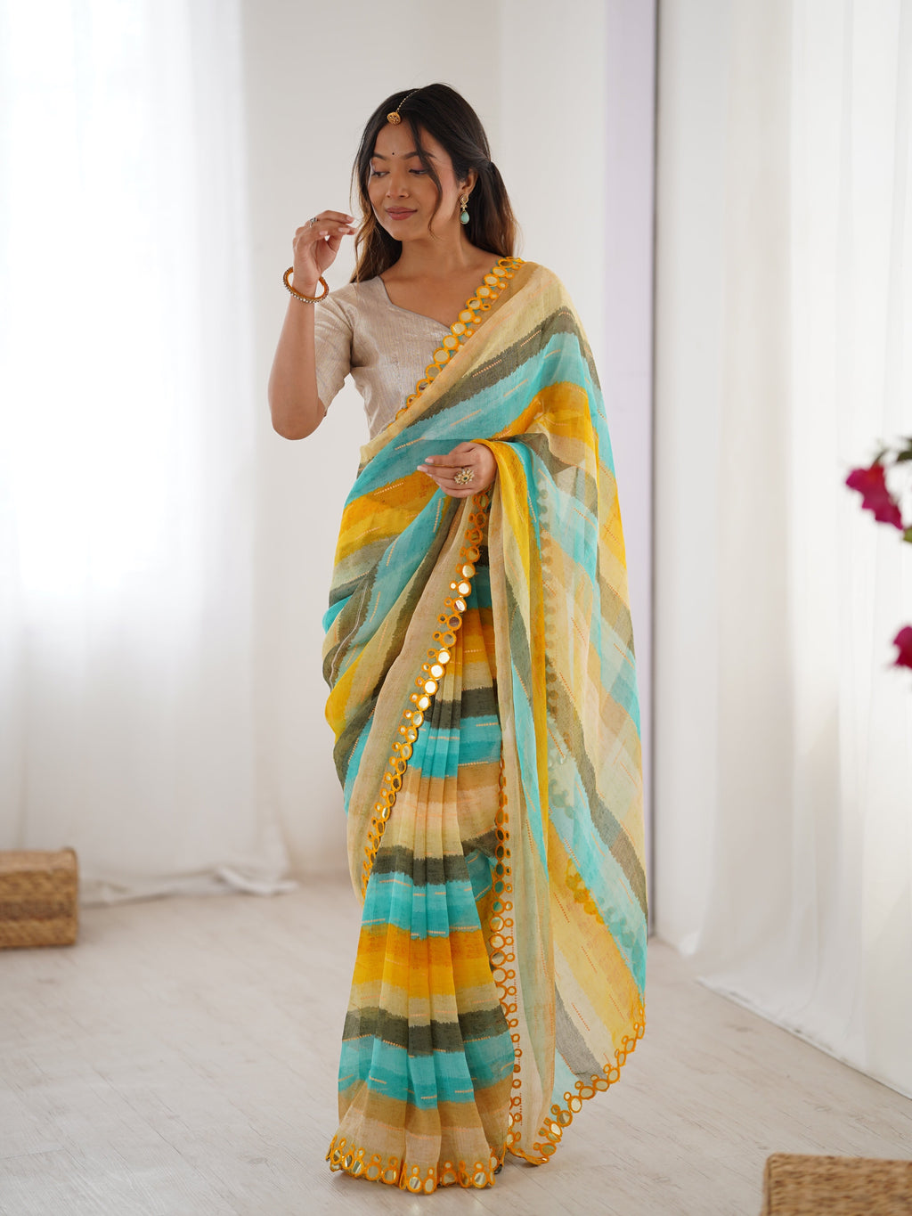 Jyoti Fashion Women's Yellow Chinon Leriya Zari Printed Designer Saree with Blouse