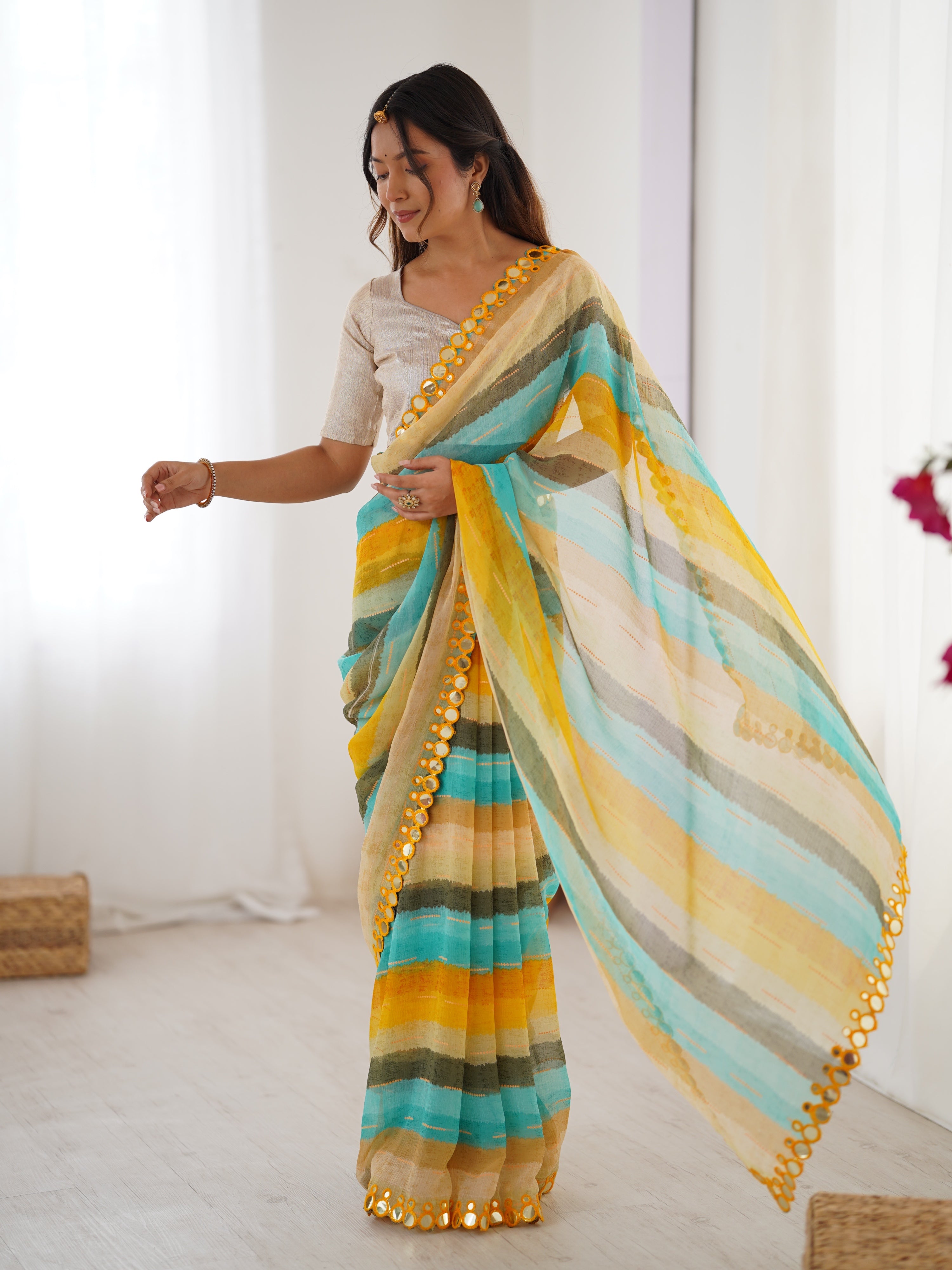 Jyoti Fashion Women's Yellow Chinon Leriya Zari Printed Designer Saree with Blouse