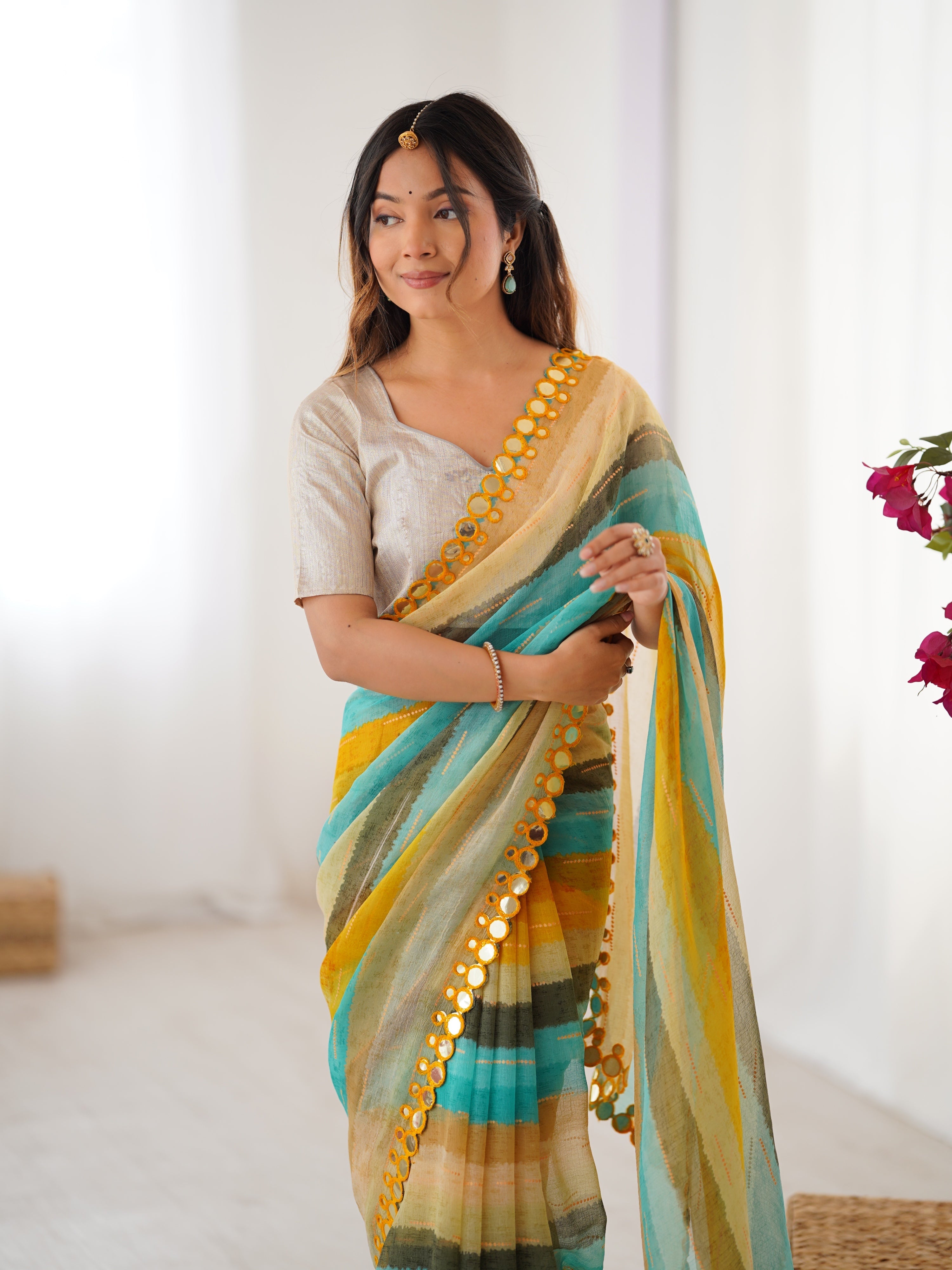 Jyoti Fashion Women's Yellow Chinon Leriya Zari Printed Designer Saree with Blouse