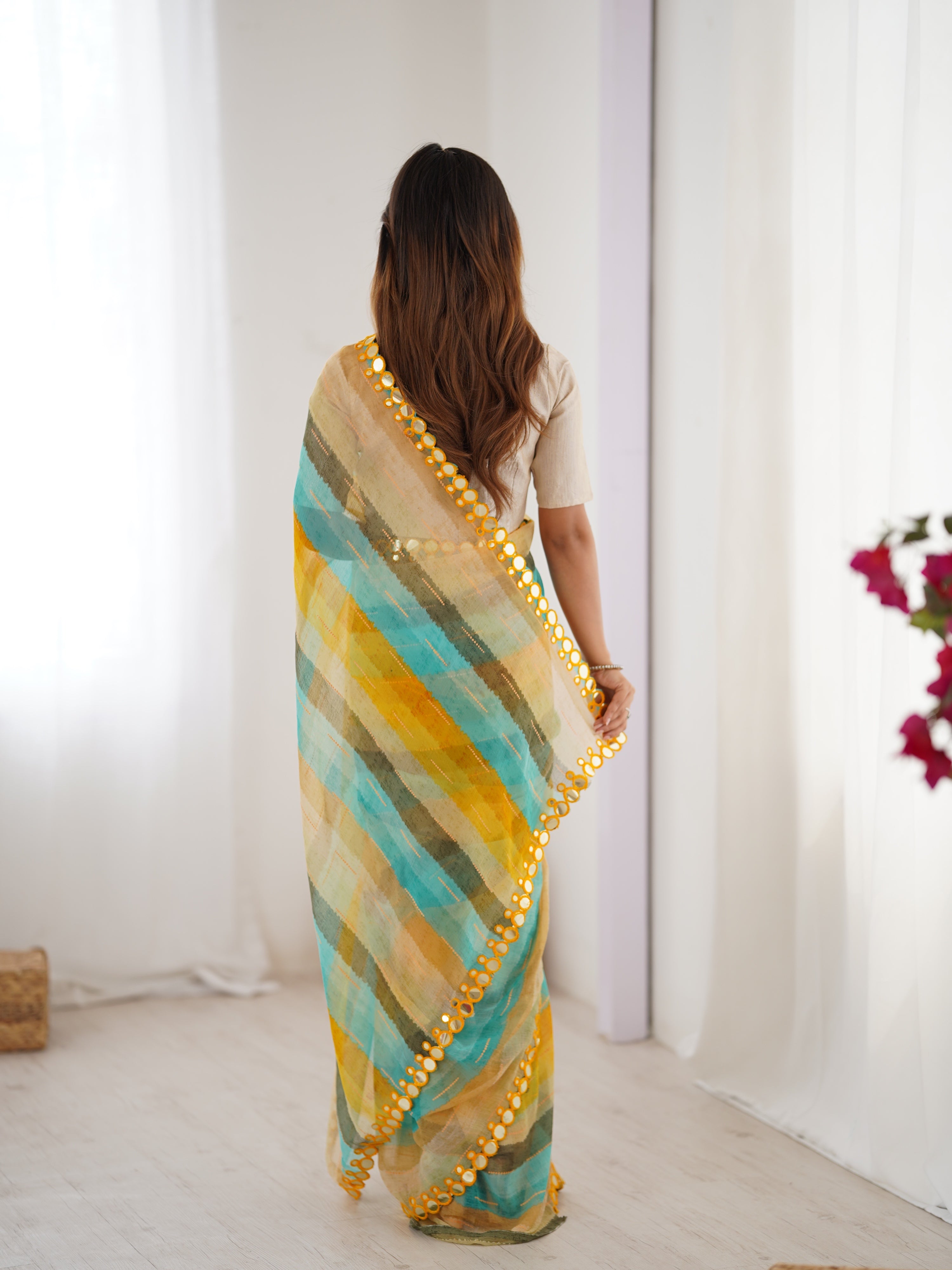 Jyoti Fashion Women's Yellow Chinon Leriya Zari Printed Designer Saree with Blouse