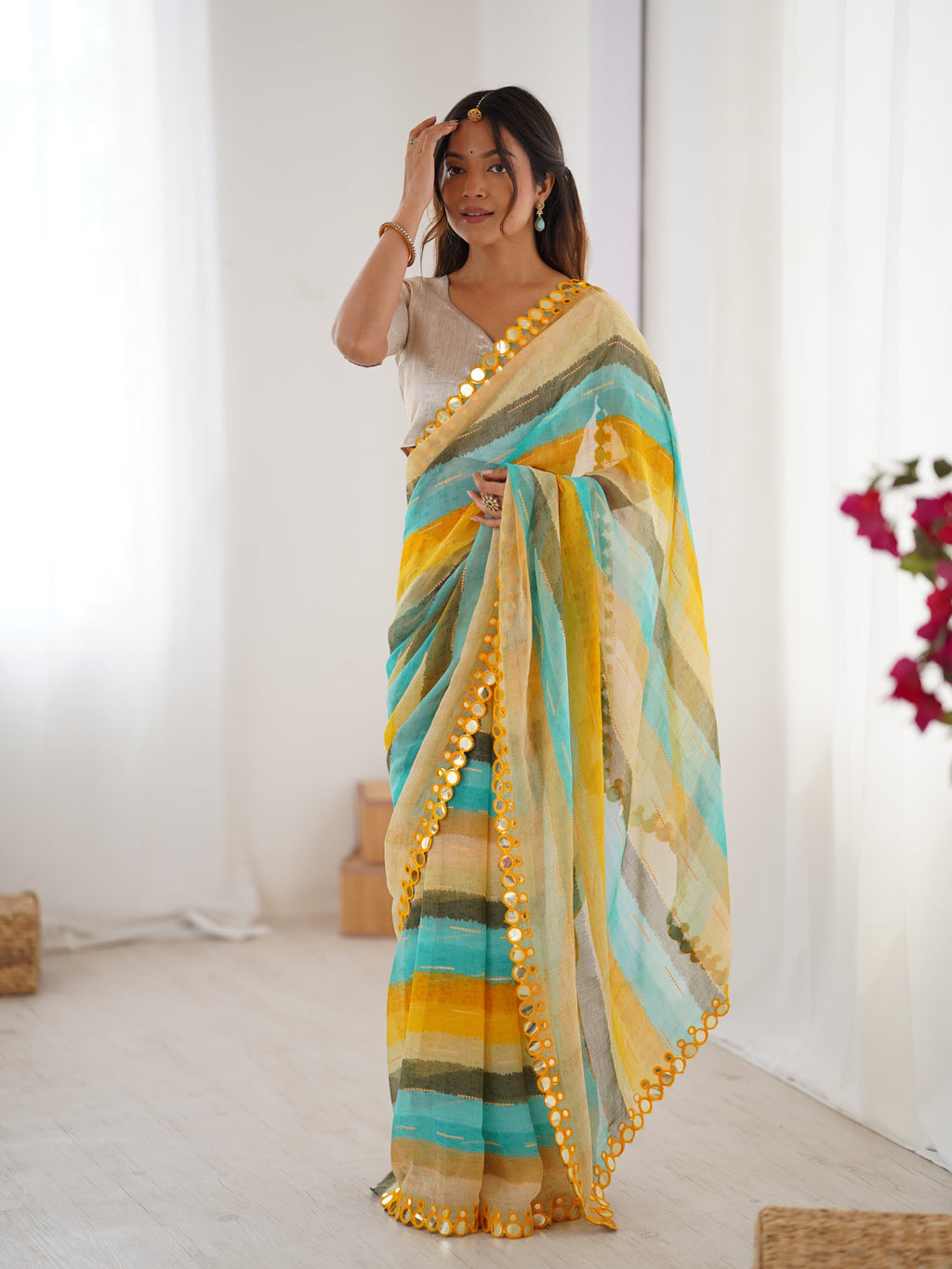 Jyoti Fashion Women's Yellow Chinon Leriya Zari Printed Designer Saree with Blouse