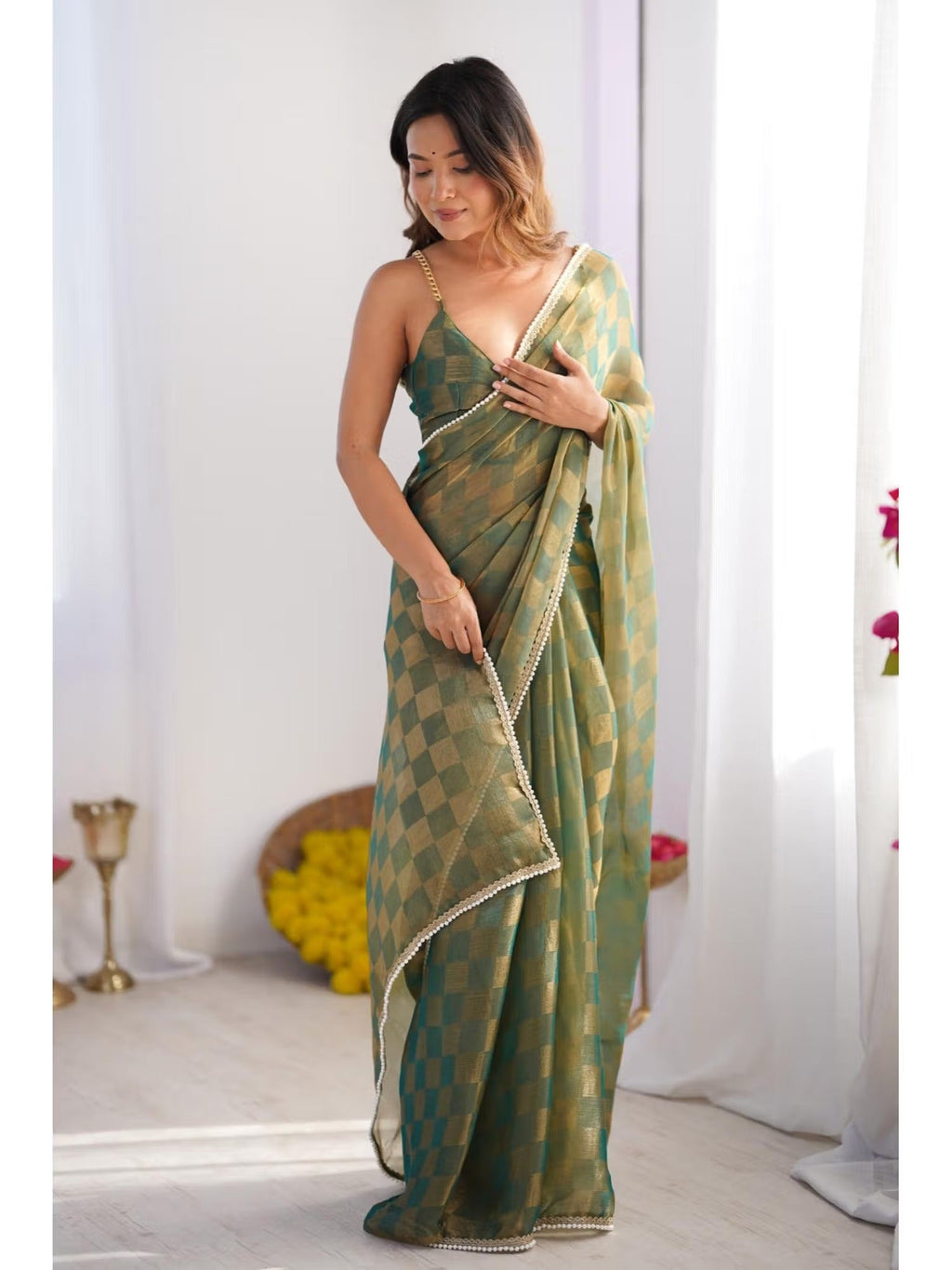 Jyoti Fashion Women's Mehendi Box Chiffon Moti Lace Border Designer Saree with Blouse